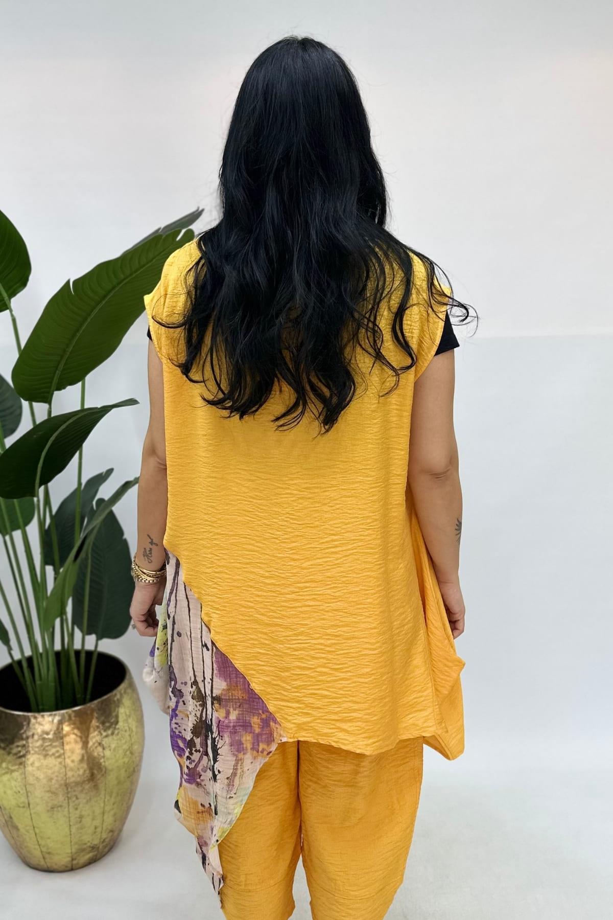 ŞİFONLU ASİMETRİK KETEN TUNİK BÜYÜK BEDEN TURUNCU