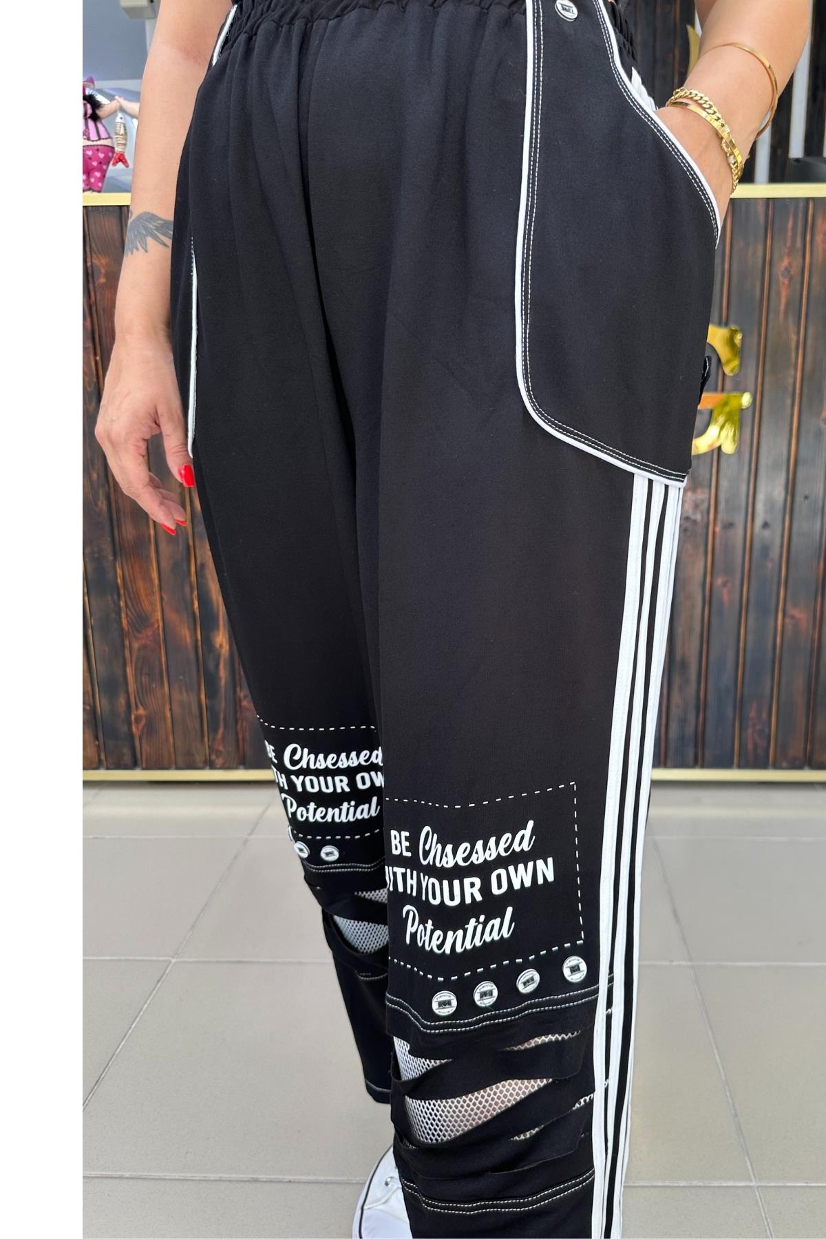 SİYAH BEYAZ ŞERİTLİ PANTALON  BÜYÜK BEDEN