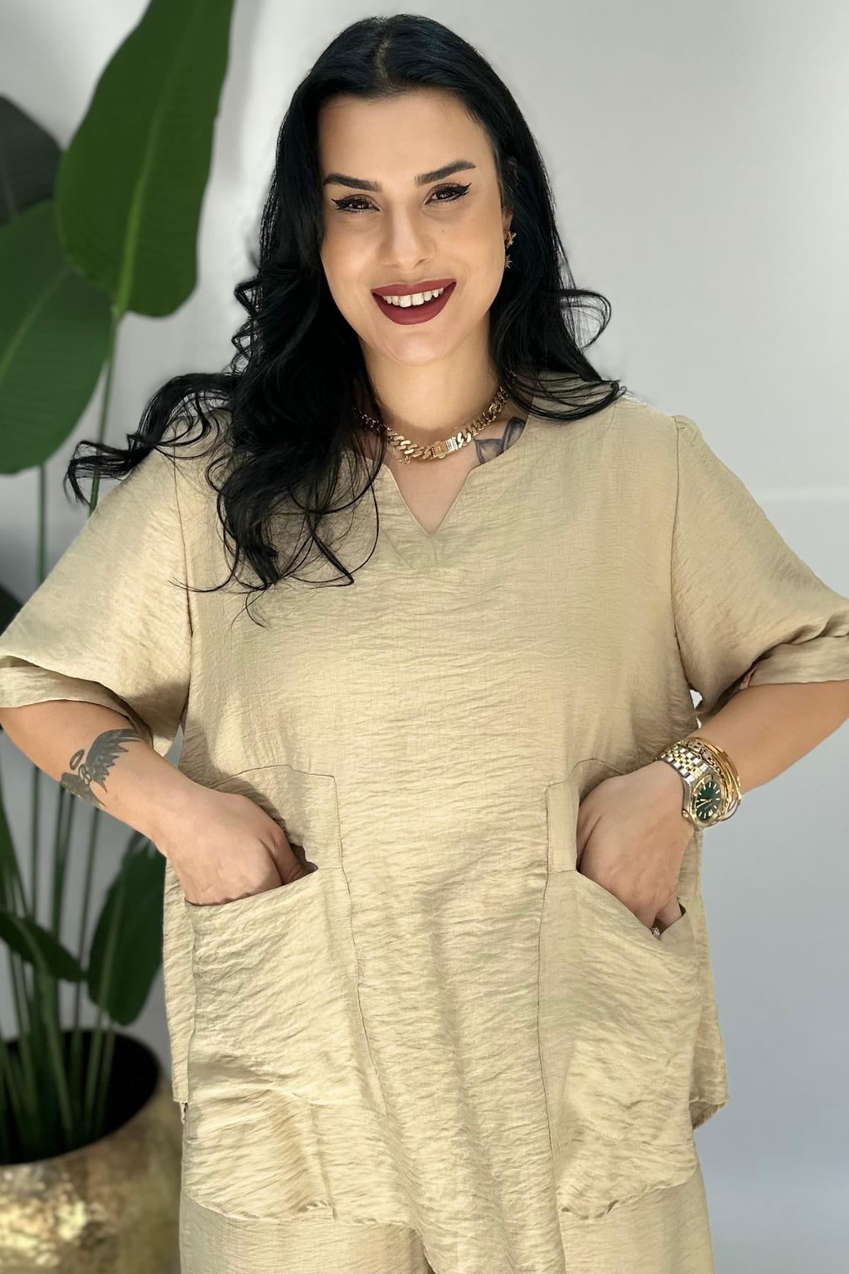 TAŞ RENK CEPLİ BÜYÜK BEDEN  BLUZ KETEN