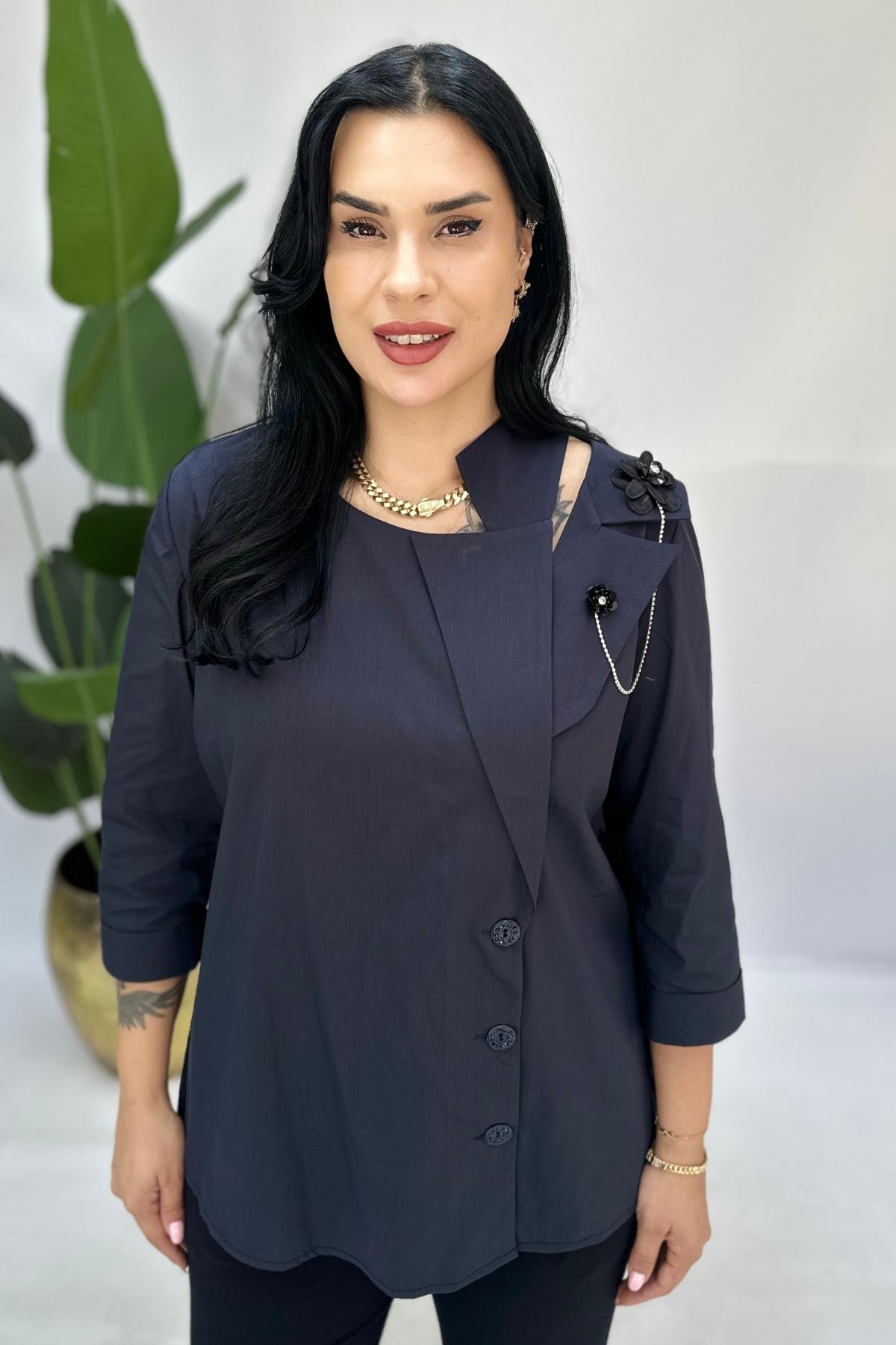 TASARIM POPLİN BLUZ BÜYÜK BEDEN LACİVERT