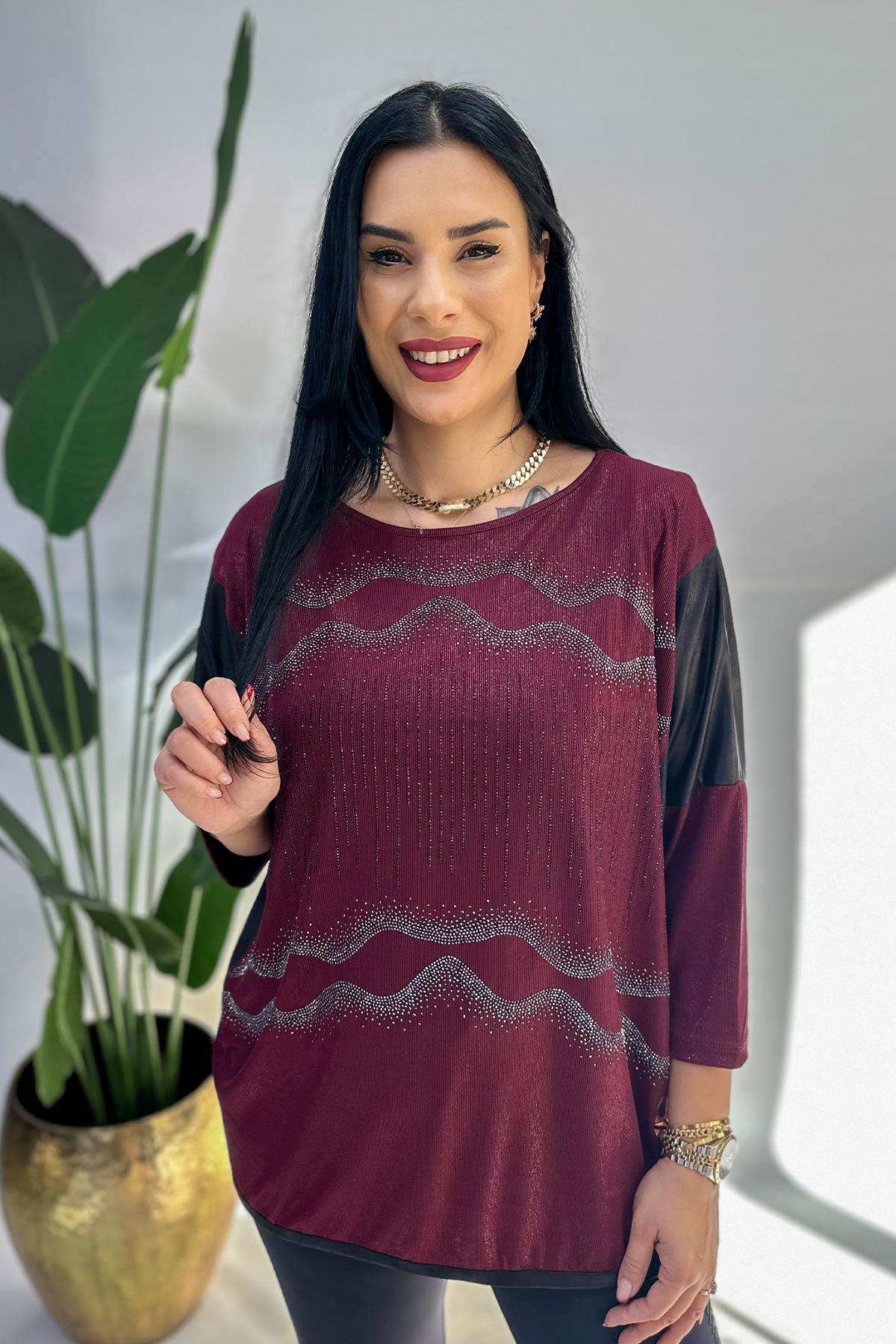 Taşlı Baskılı Büyük Beden Bluz - Bordo