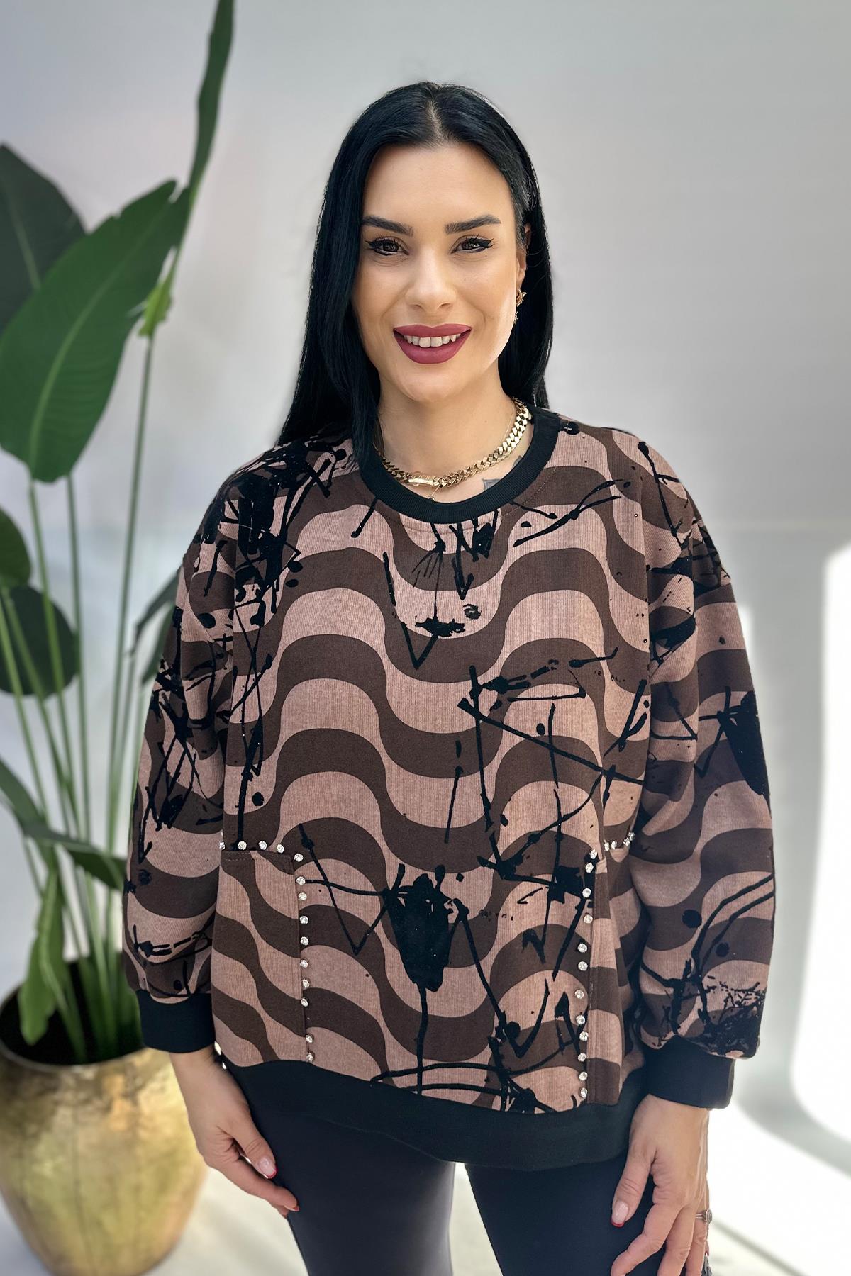 Taşlı Baskılı Büyük Beden Sweat - Kahve