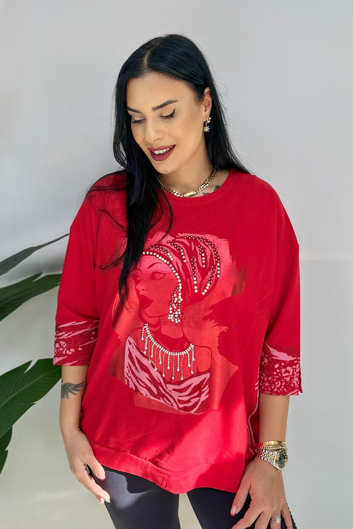 Taşlı Baskılı Büyük Beden Sweat - Kırmızı