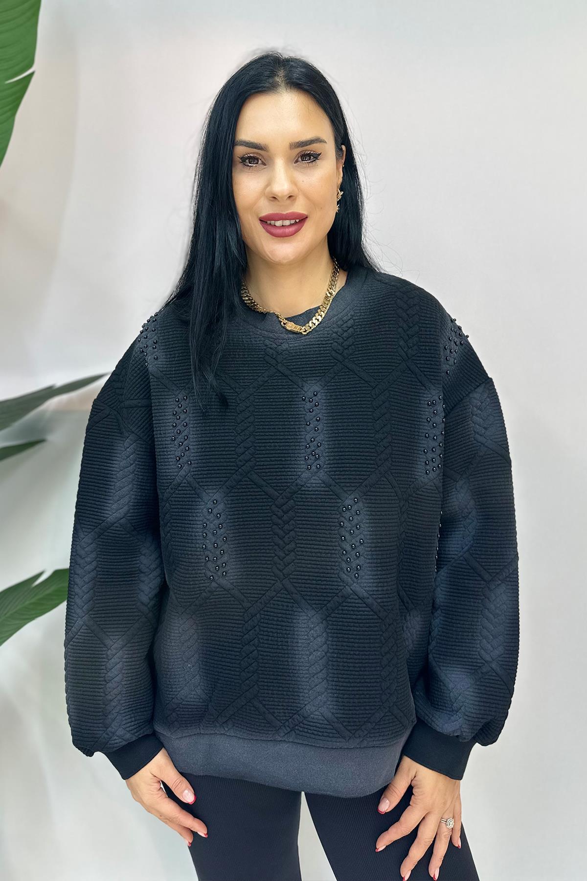 Taşlı Baskılı Büyük Beden Sweatshirt - Siyah