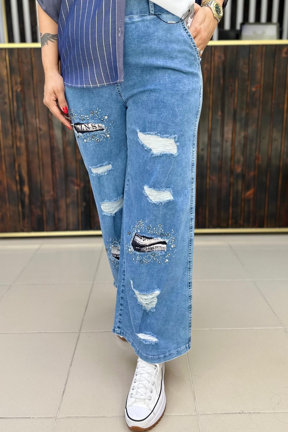 TAŞLI LİKRALI BÜYÜK BEDEN JEAN PANTOLON