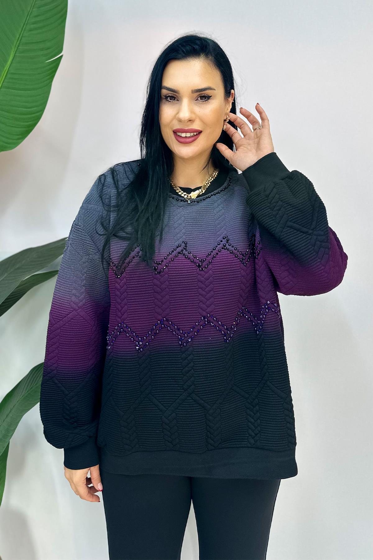 Taşlı Renkli Büyük Beden Sweat - Siyah