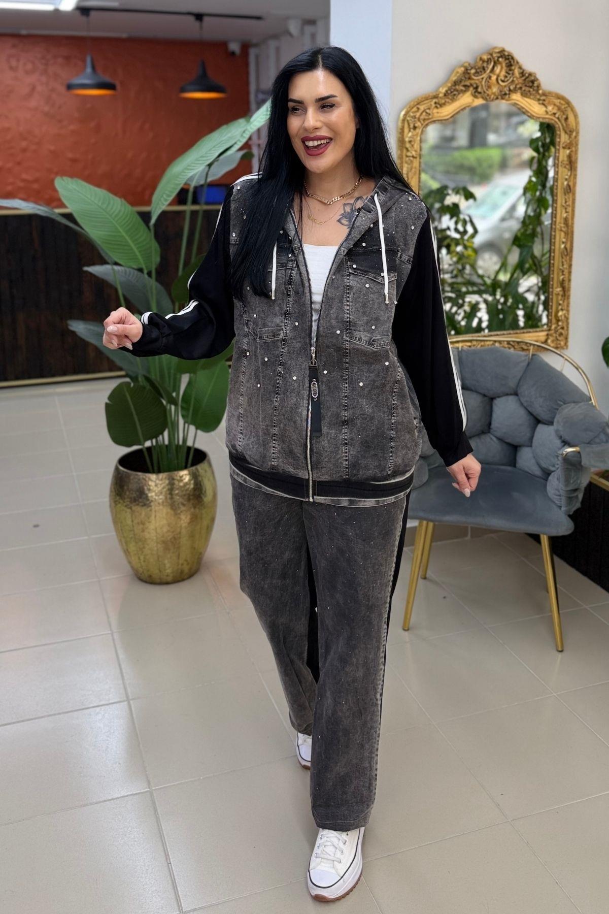 TAŞLI TENCEL JEAN BATTAL BÜYÜK BEDEN TAKIM