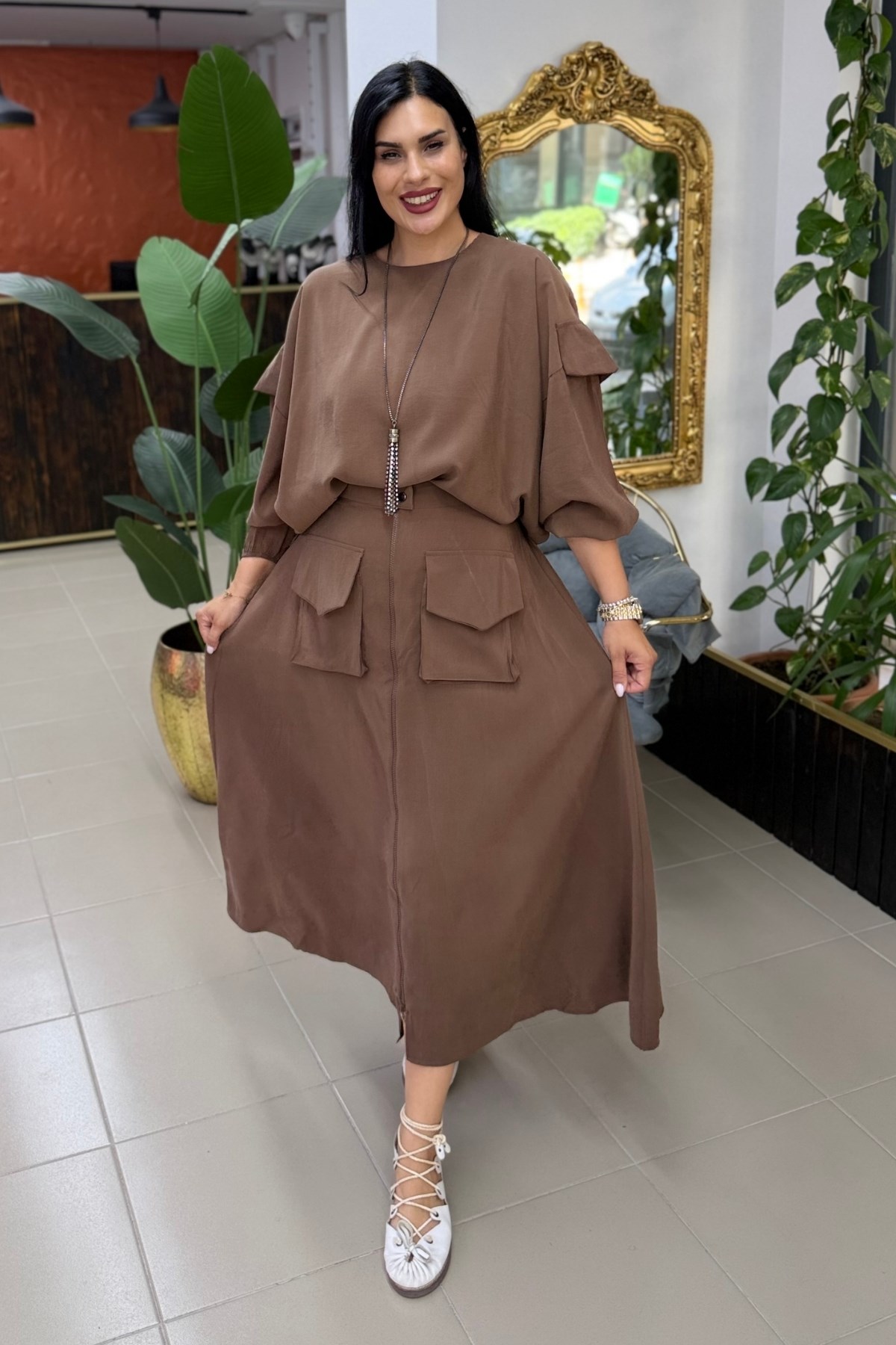 TENCEL ETEKLİ BÜYÜK BEDEN TAKIM KAHVE