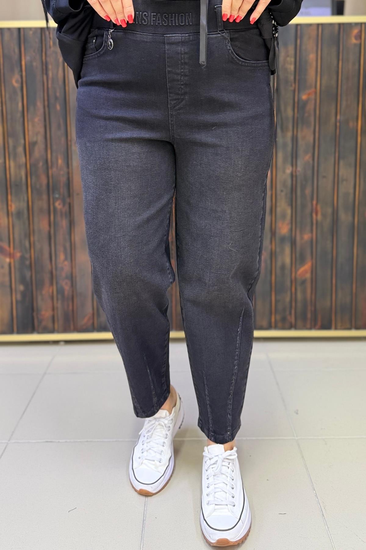 TOPARLAYICI PAÇASI TAŞLI LİKRALI JEAN PANTOLON BÜYÜK BEDEN