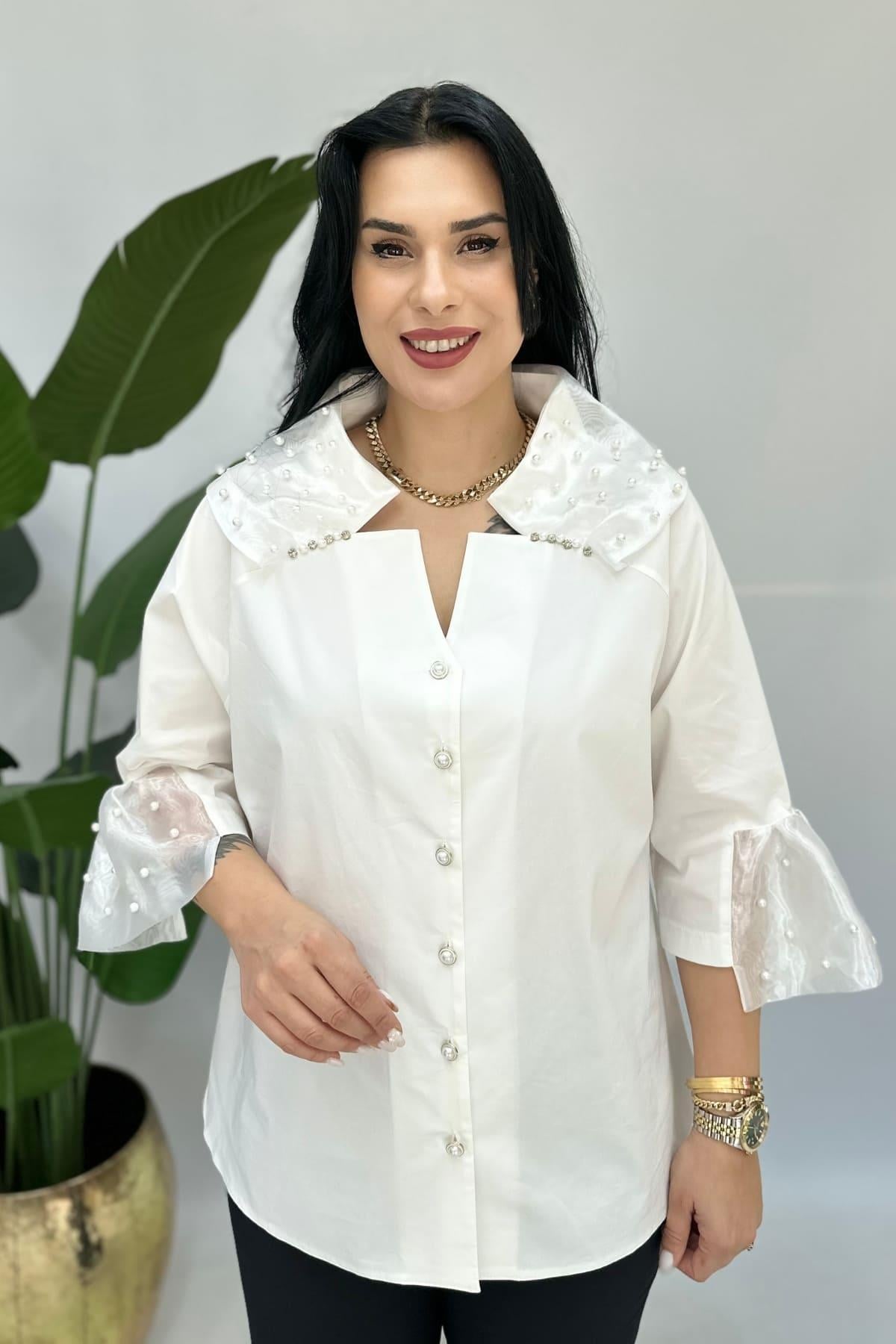 TÜL VE İNCİ DETAYLI GÖMLEK BLUZ BÜYÜK BEDEN