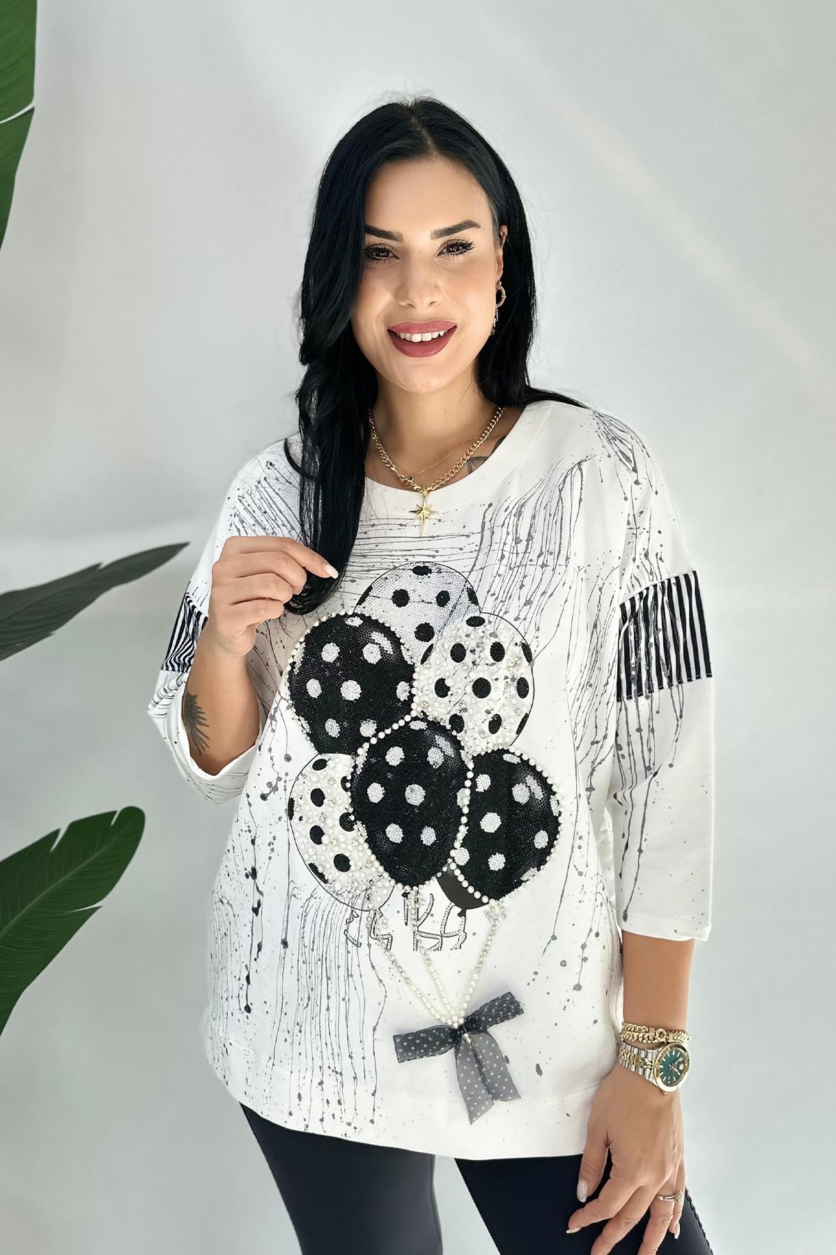 Uçan Balon Detaylı Taşlı Büyük Beden Bluz - Beyaz