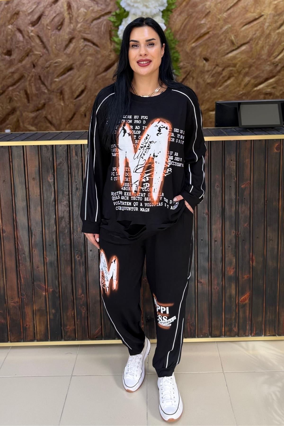 YAZI DETAYLI PAMUK BAMBU BÜYÜK BEDEN TAKIM