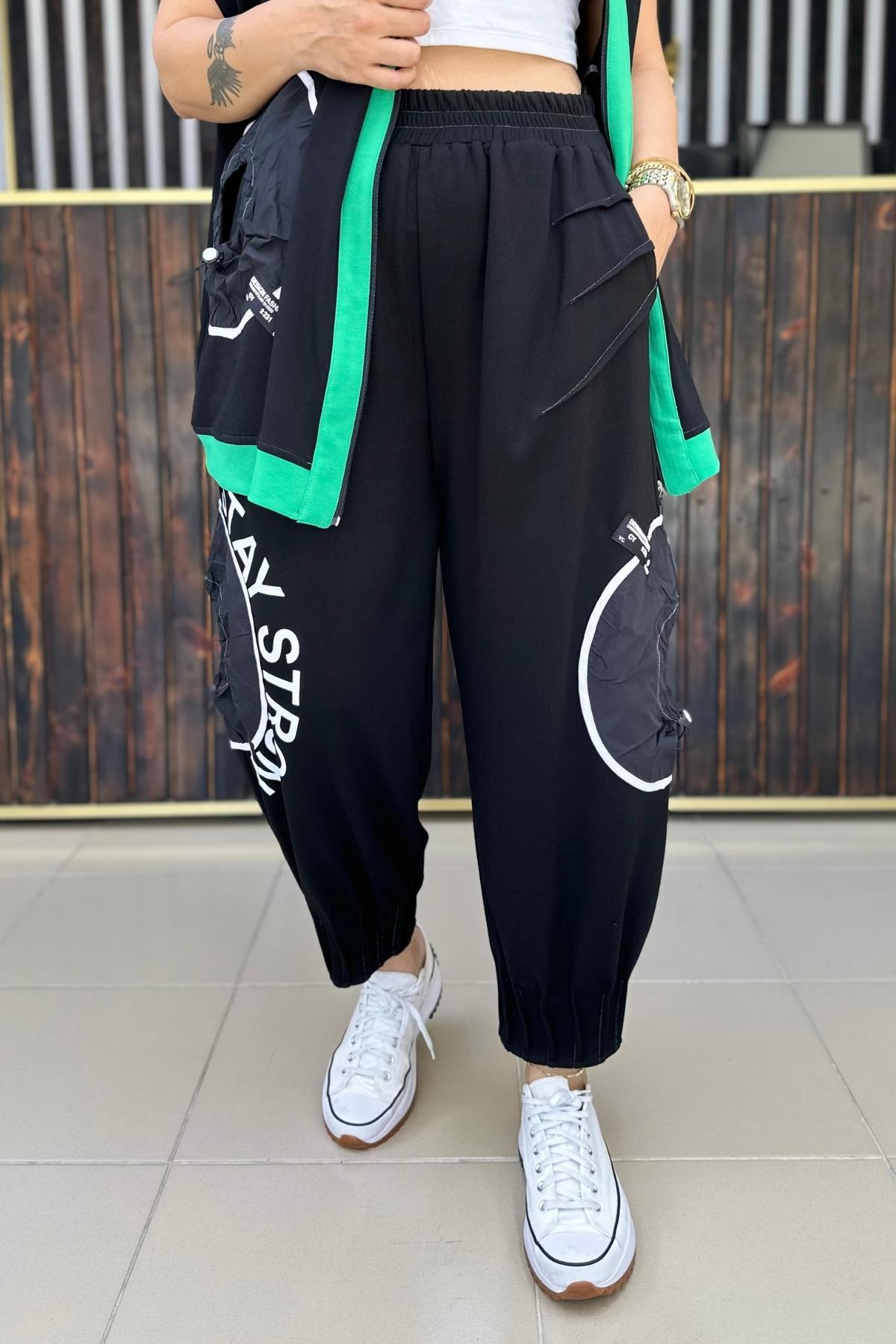 YEŞİL YAZILI PAMUKLU PANTALON  BÜYÜK BEDEN
