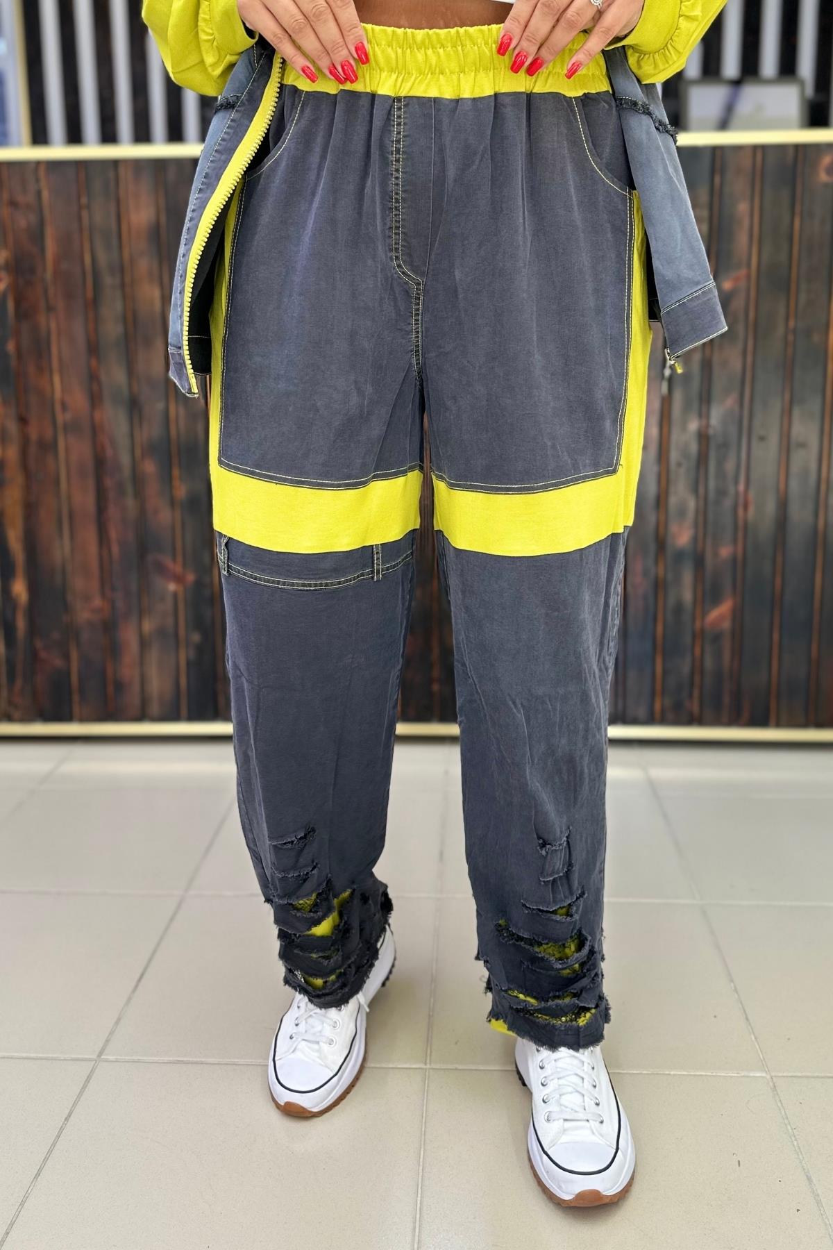 YIRTIK JEAN PAMUKLU PANTOLON YEŞİL BÜYÜK BEDEN