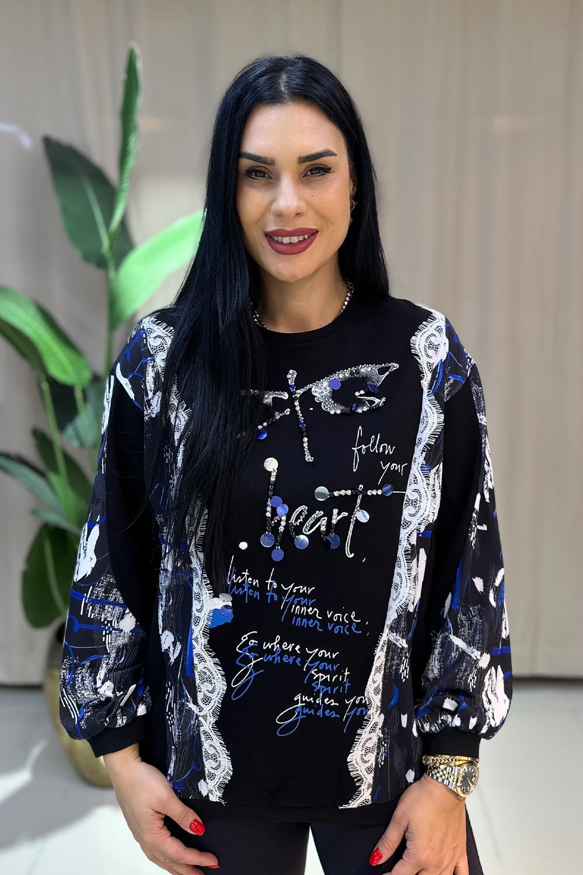 Yusufçuk Baskılı Taşlı Büyük Beden Sweatshirt - Siyah