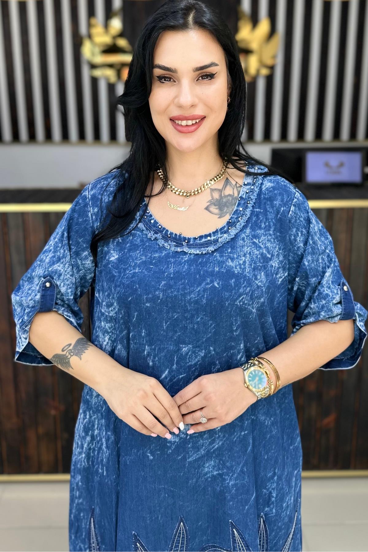 ZIMBALI YAPRAK TASARIMLI İNCE KOT ELBİSE SÜPER BATTAL BÜYÜK BEDEN