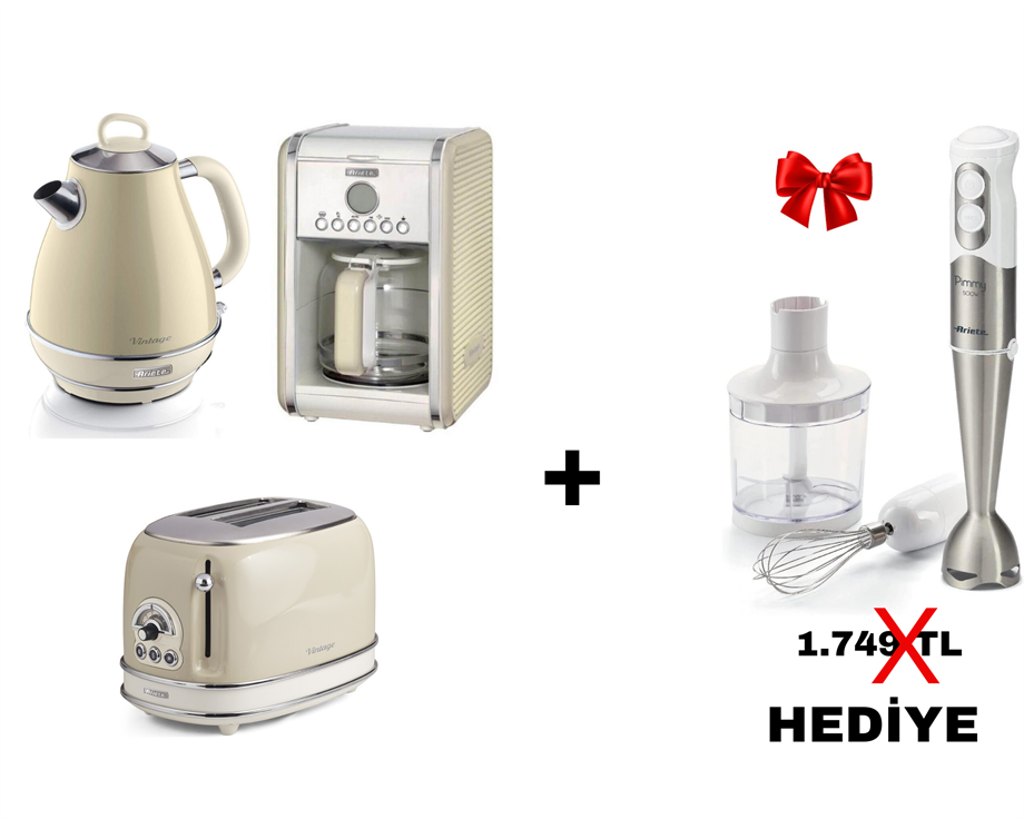 ARIETEAriete Vintage Kettle 1,7 Litre, Ekmek Kızartma Makinesi Ve Filtre Kahve Makinesi Bej + Pimmy Blender Hediye00C015513AR000C28690300M134203AR0