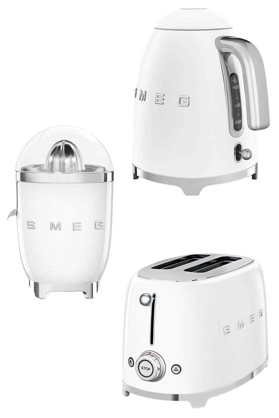 SMEGSmeg Beyaz Kettle 1x2 Ekmek Kızartma Makinesi ve Narenciye Sıkacağı SetiKLF03CJF0TSF01WHEU