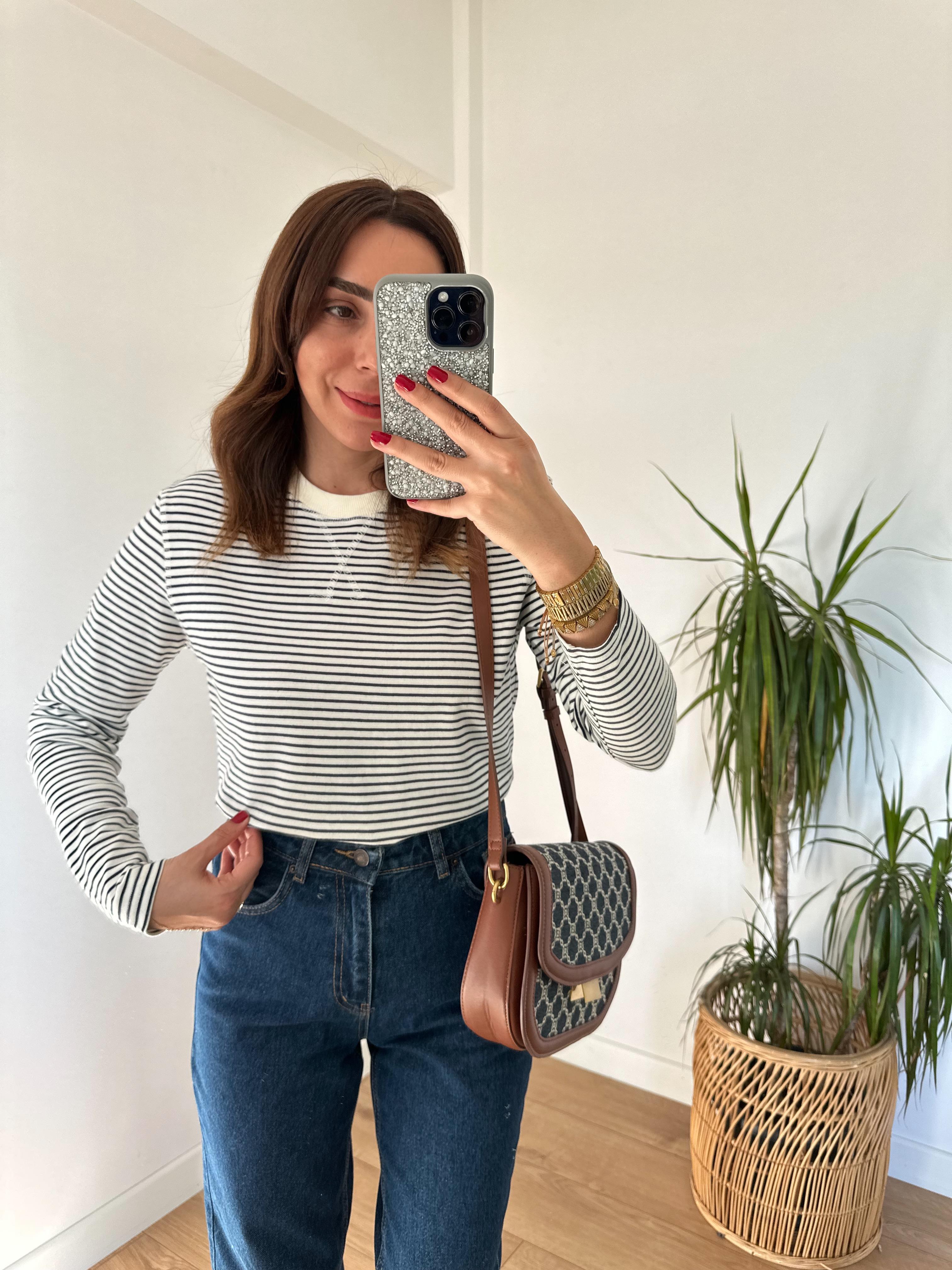 MASSMO EKRU ÜZERİ LACİVERT ÇİZGİLİ İNCE SWEAT