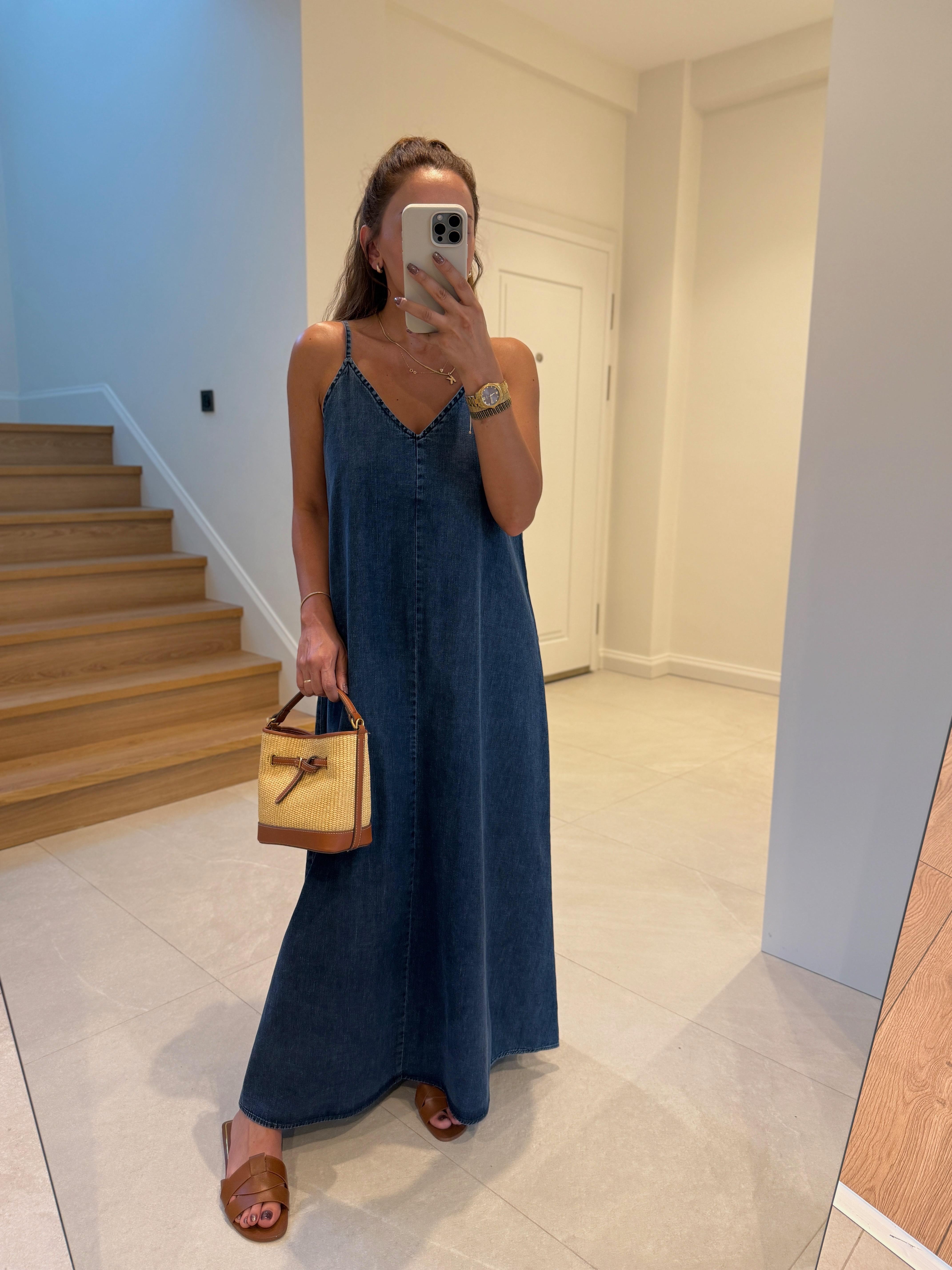 0091 İp Askılı Denim Elbise