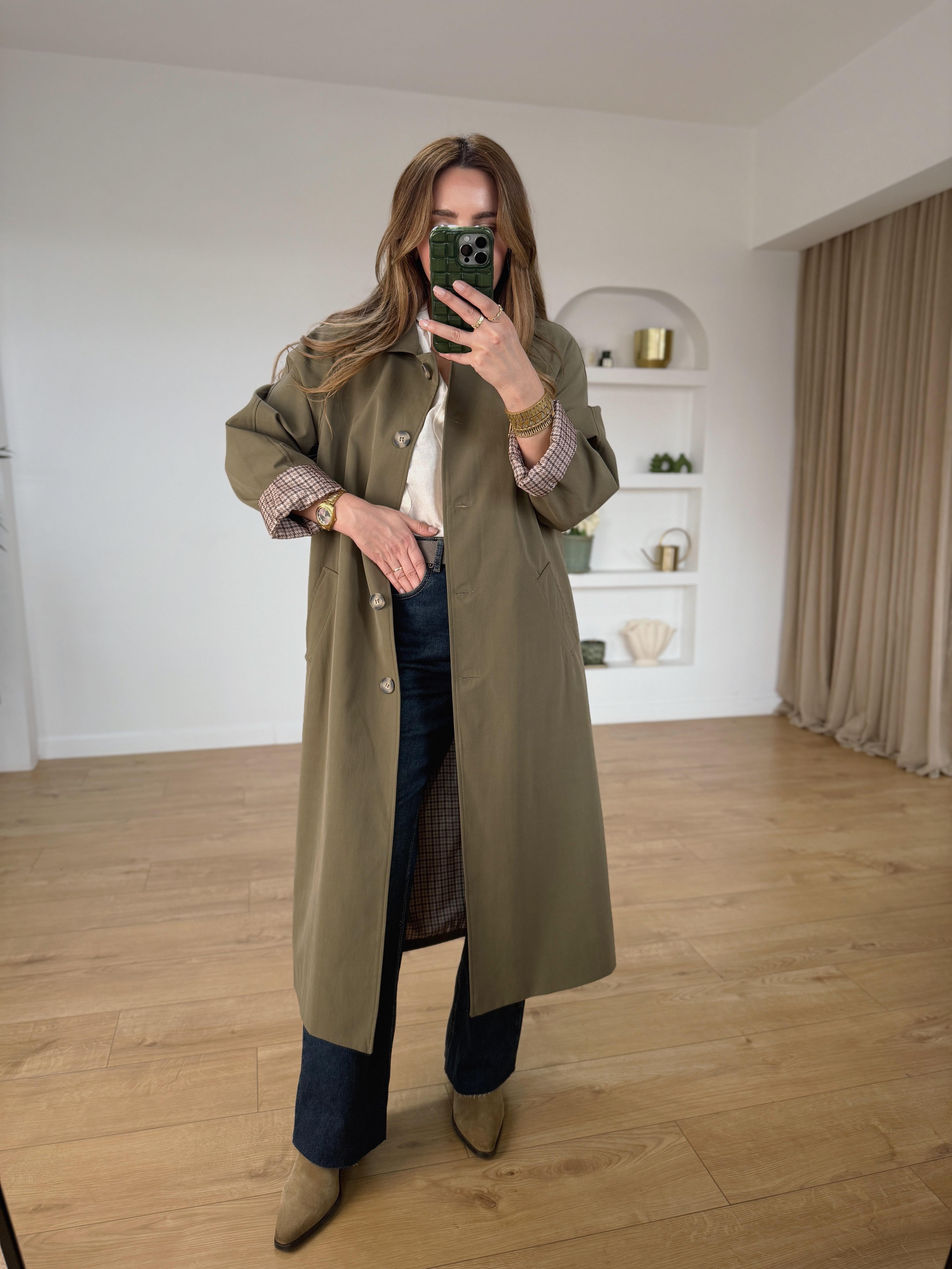 0320 Ekose Detay Haki Trenchcoat