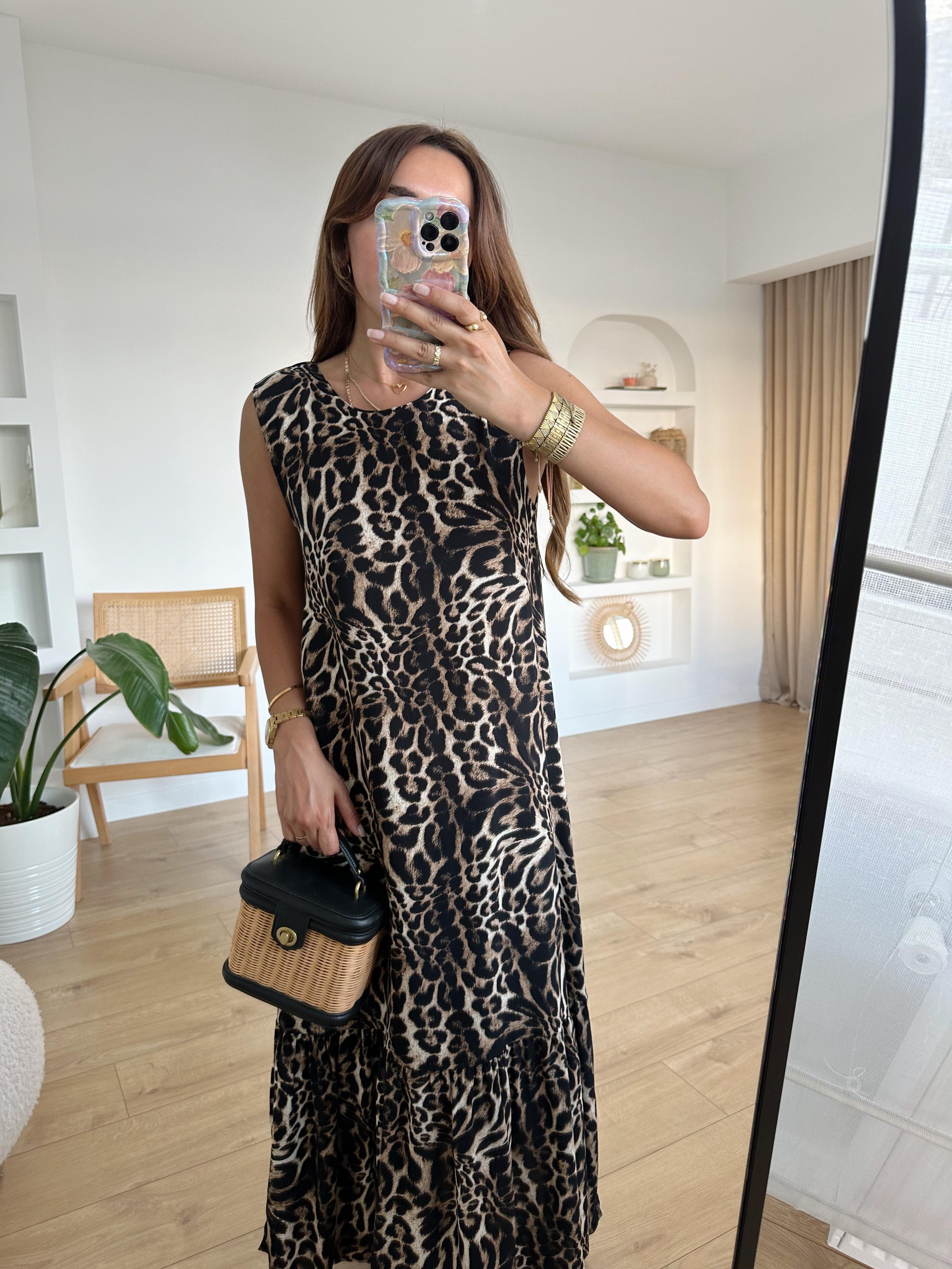 Martha %100 Pamuk Leopar Midi Boy Elbise (Küçük Desenli)