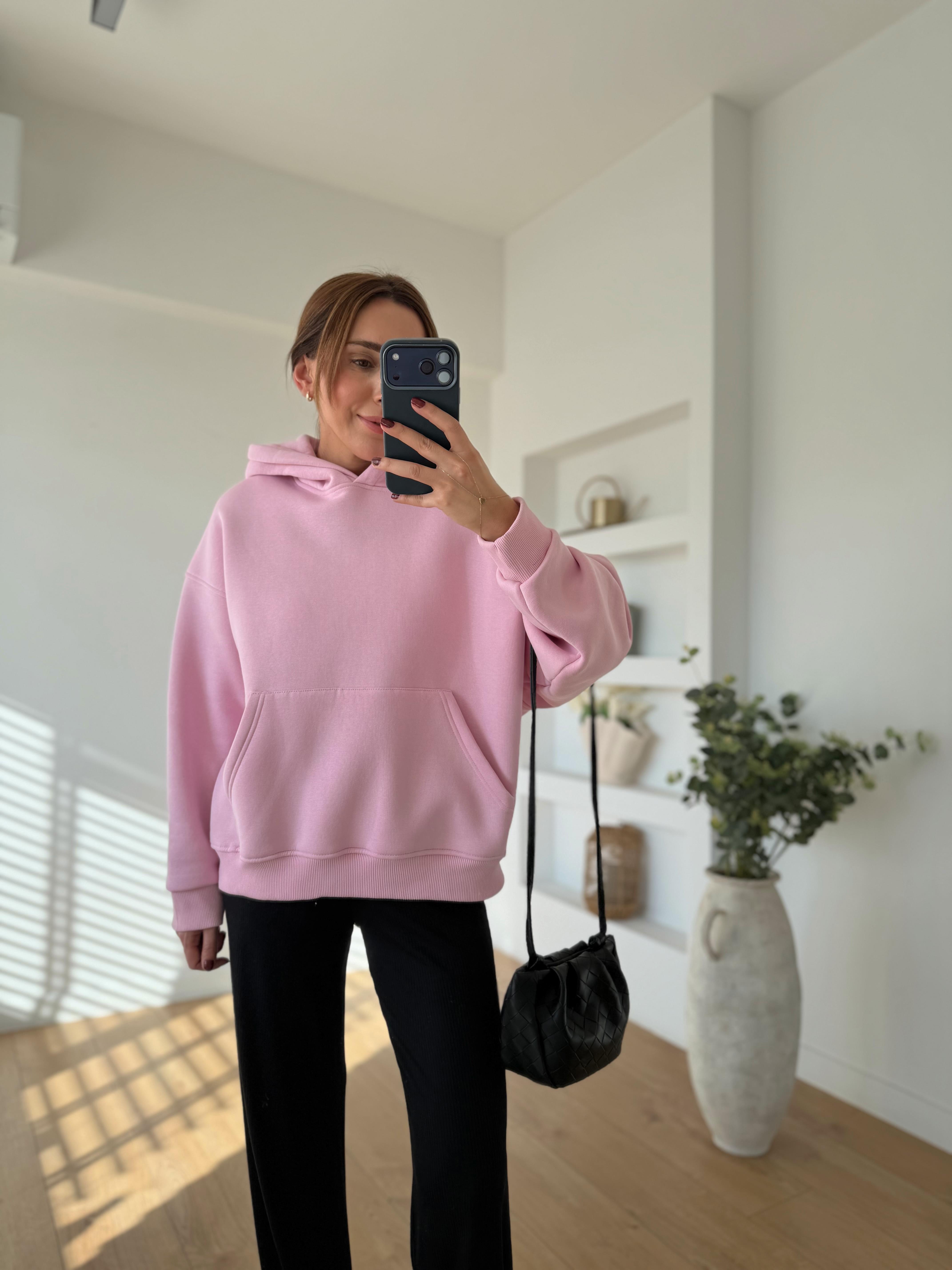 10801 Kapüşonlu Cepli Pembe Sweatshirt