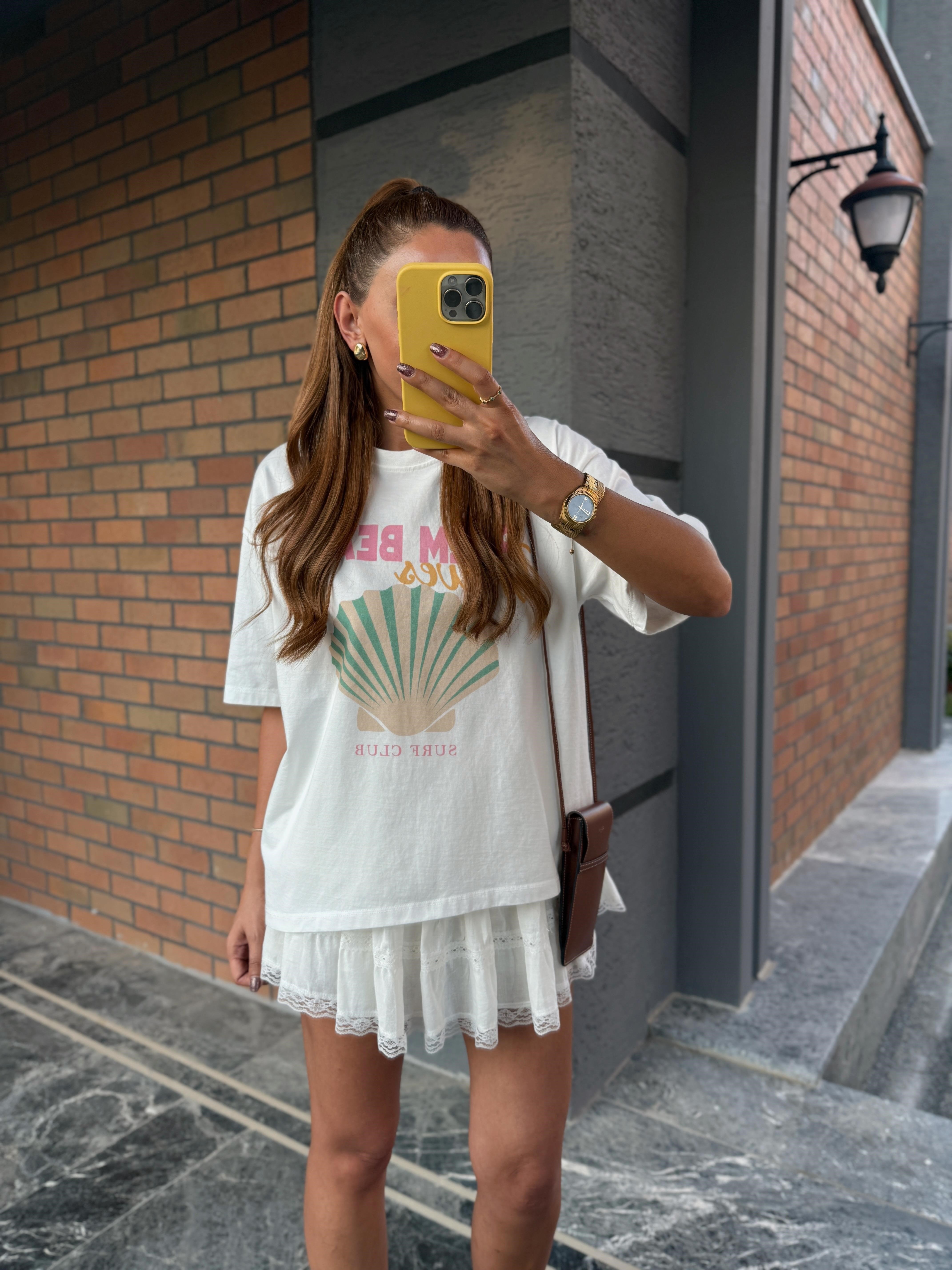 1106 Palm Beach Baskı Ekru Tişört 