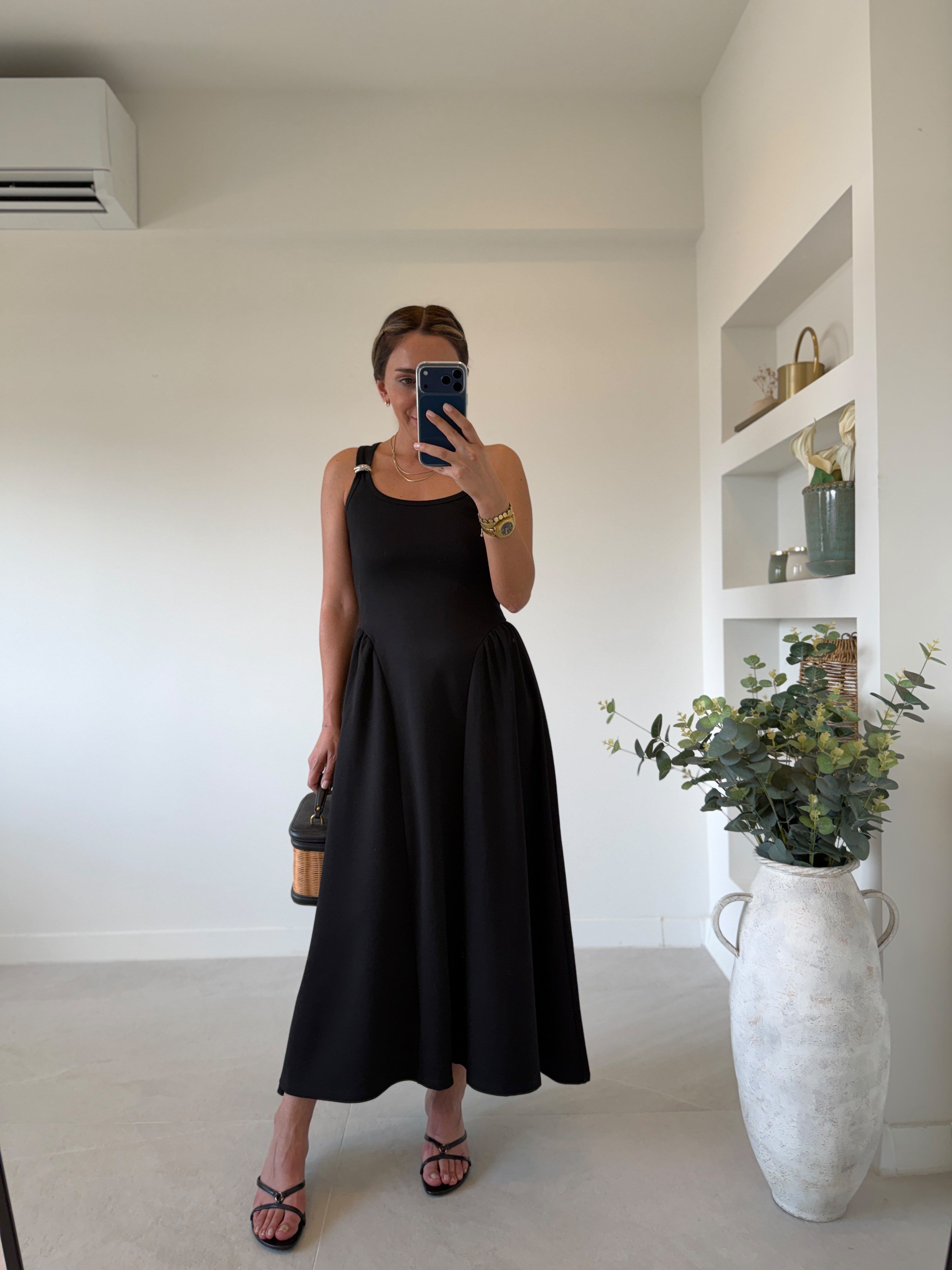 1112 Halter Yaka Drape Detay Siyah Elbise