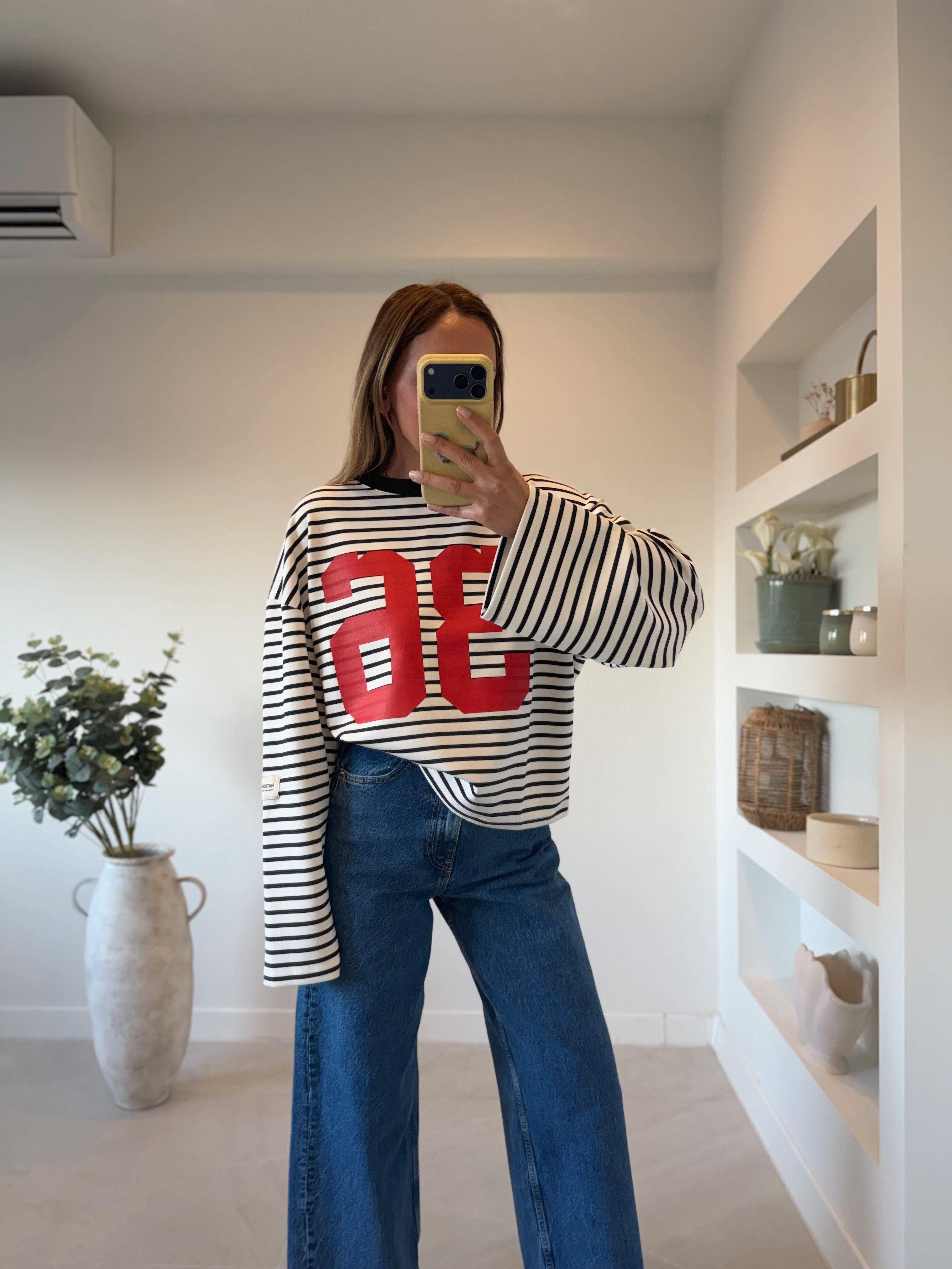 12680 Baskılı Siyah çizgili Sweatshirt