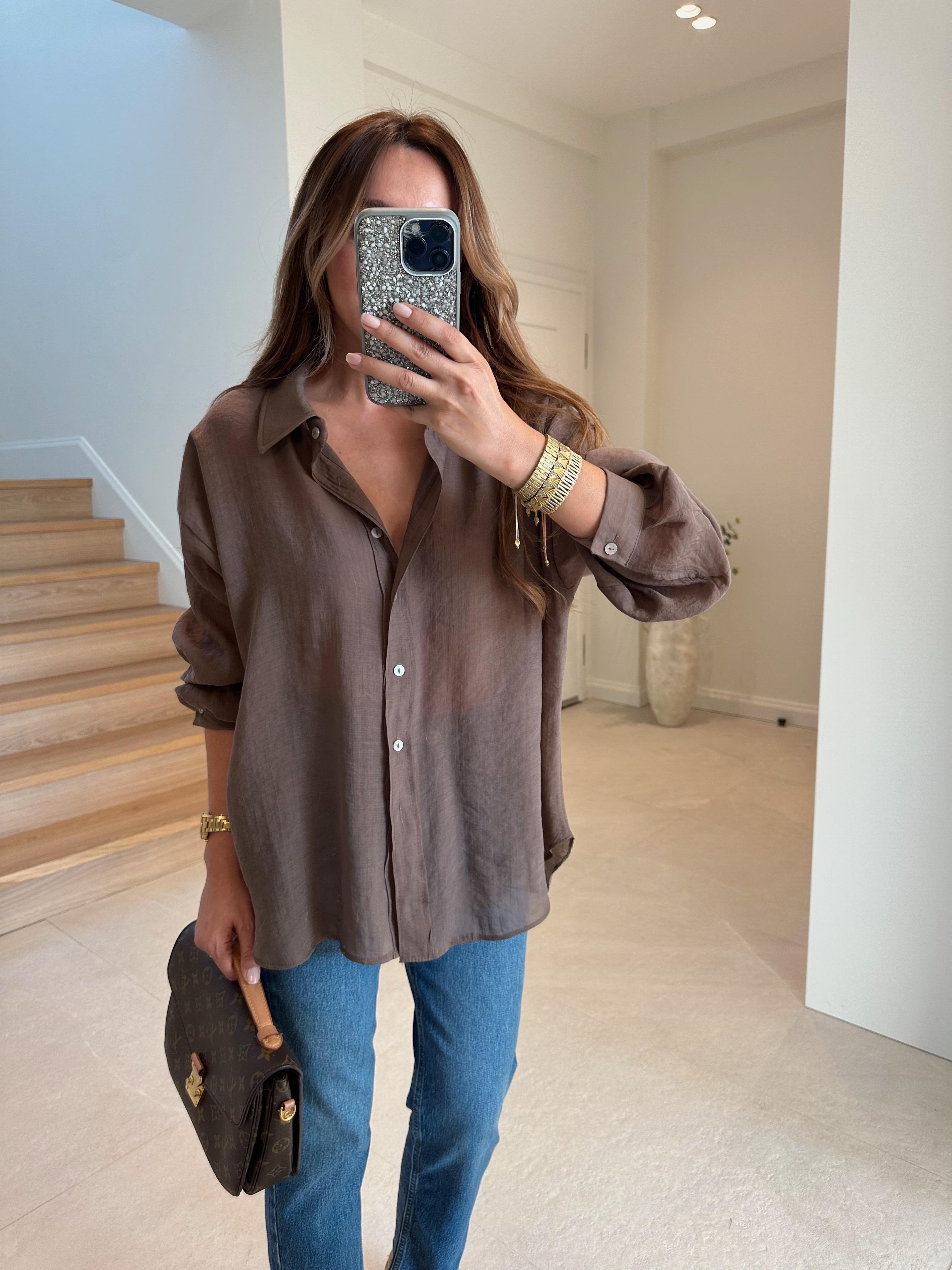 4924 Kahve Oversize İpeksi Gömlek