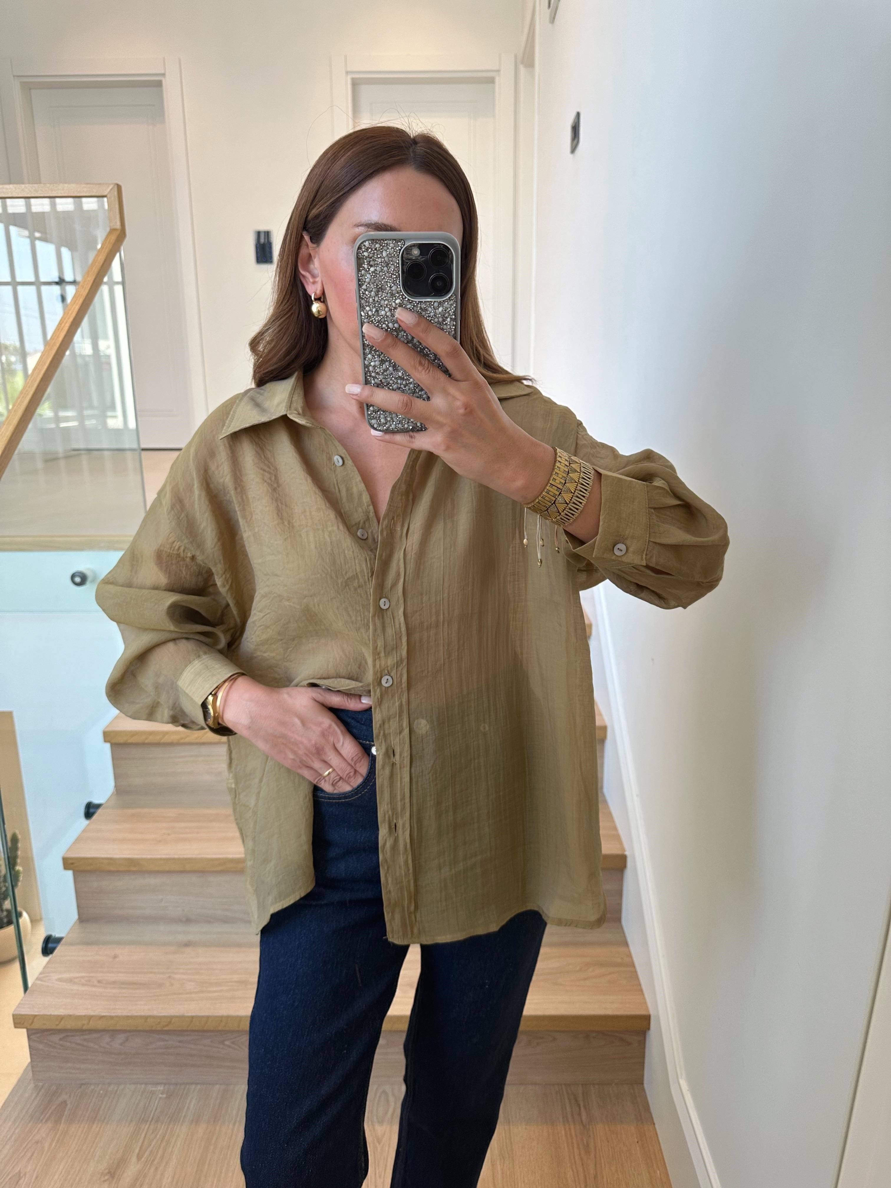 4924 Olive Oversize İpeksi Gömlek