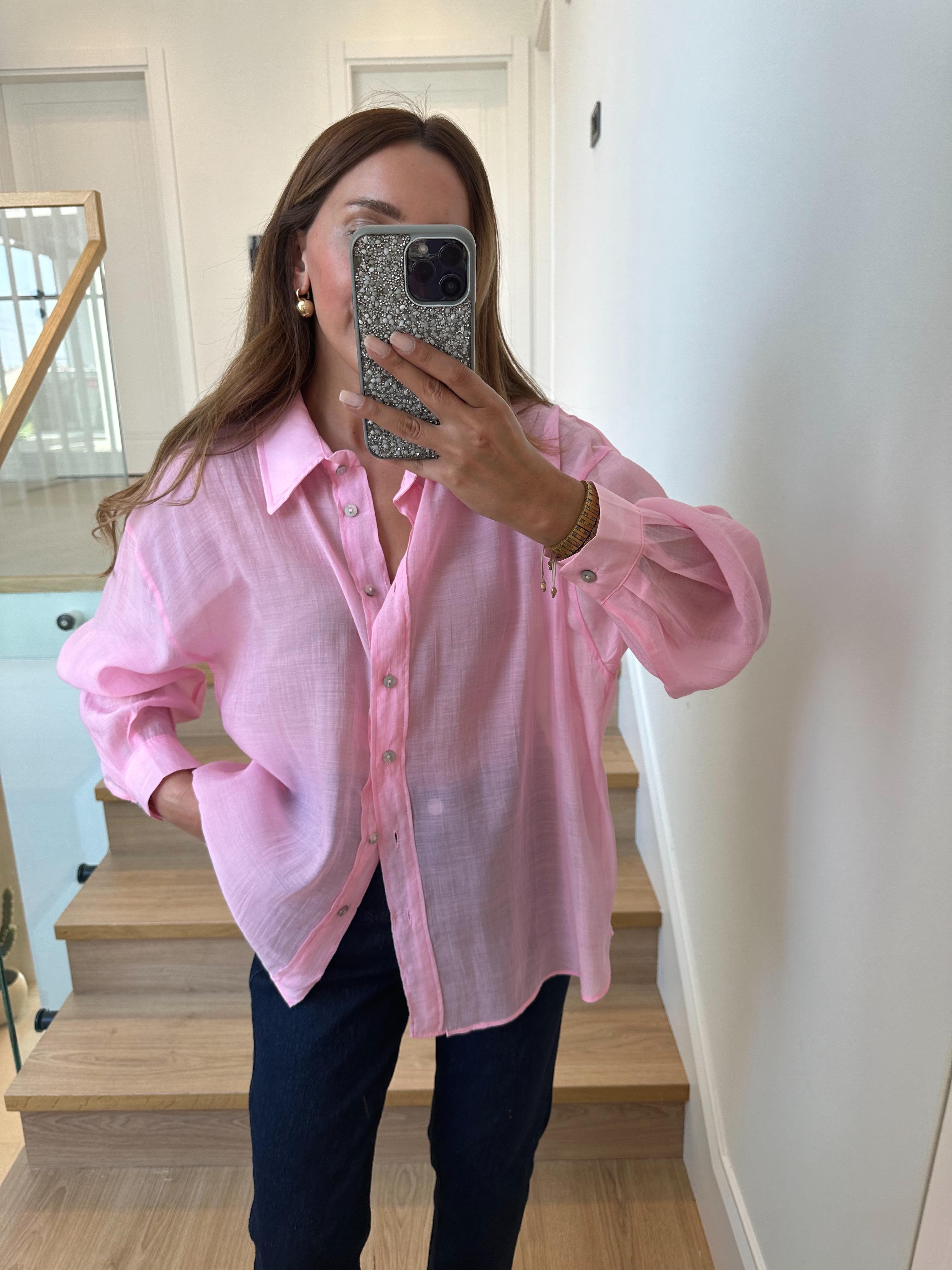 4924 Pembe Oversize İpeksi Gömlek