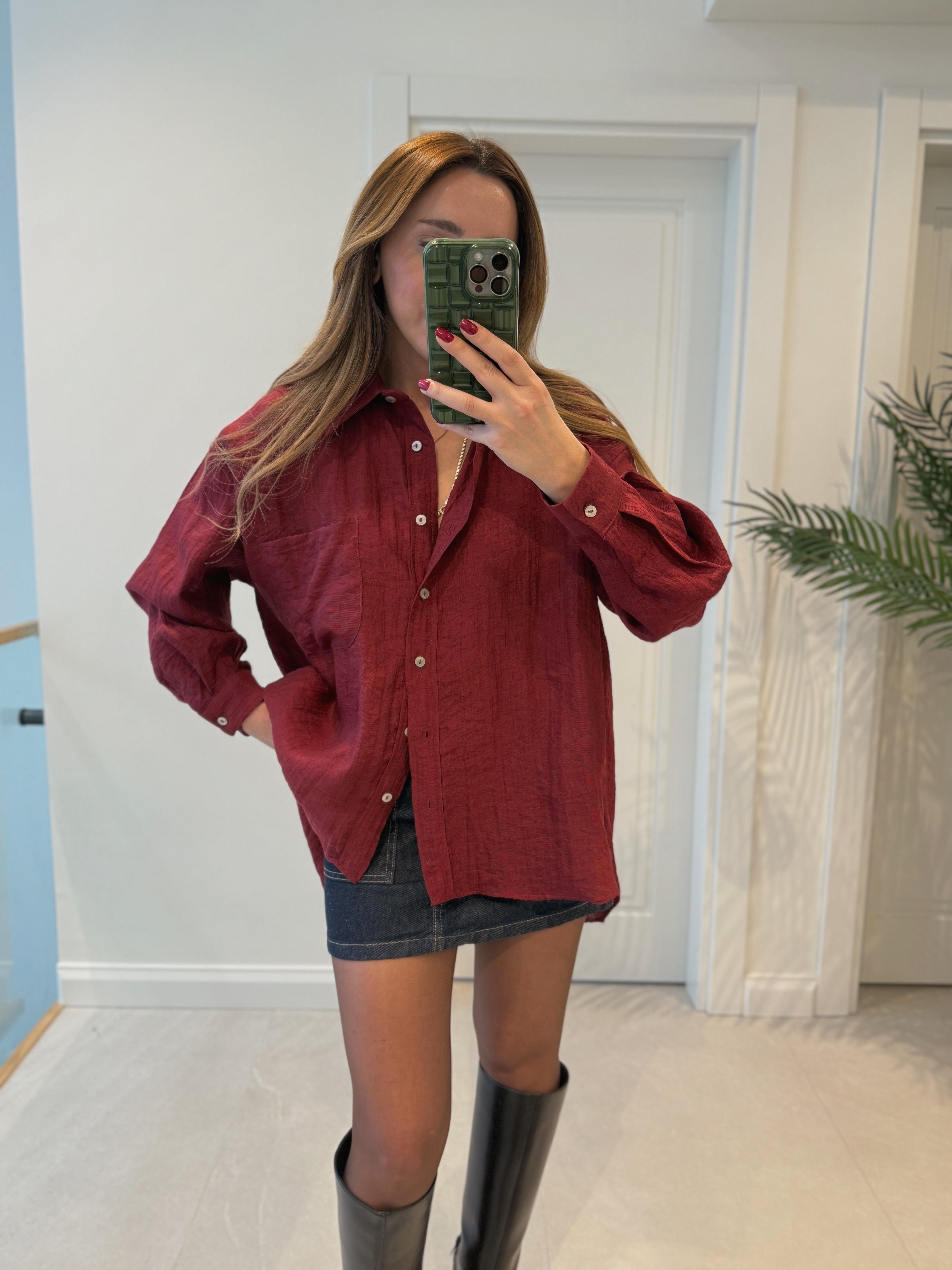 4950 Oversize Keten Dokulu Bordo Gömlek