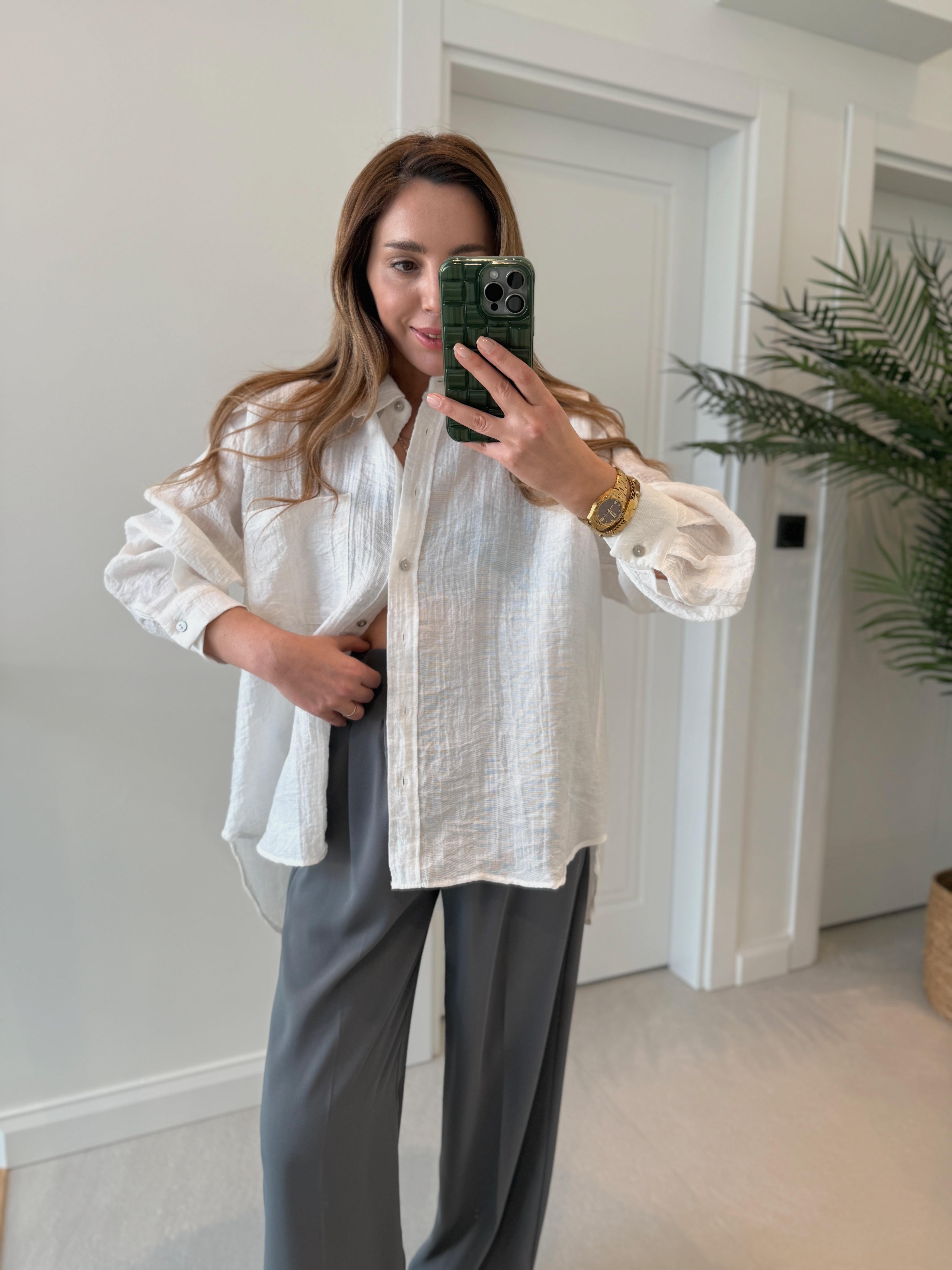 4950 Oversize Keten Dokulu Ekru Gömlek