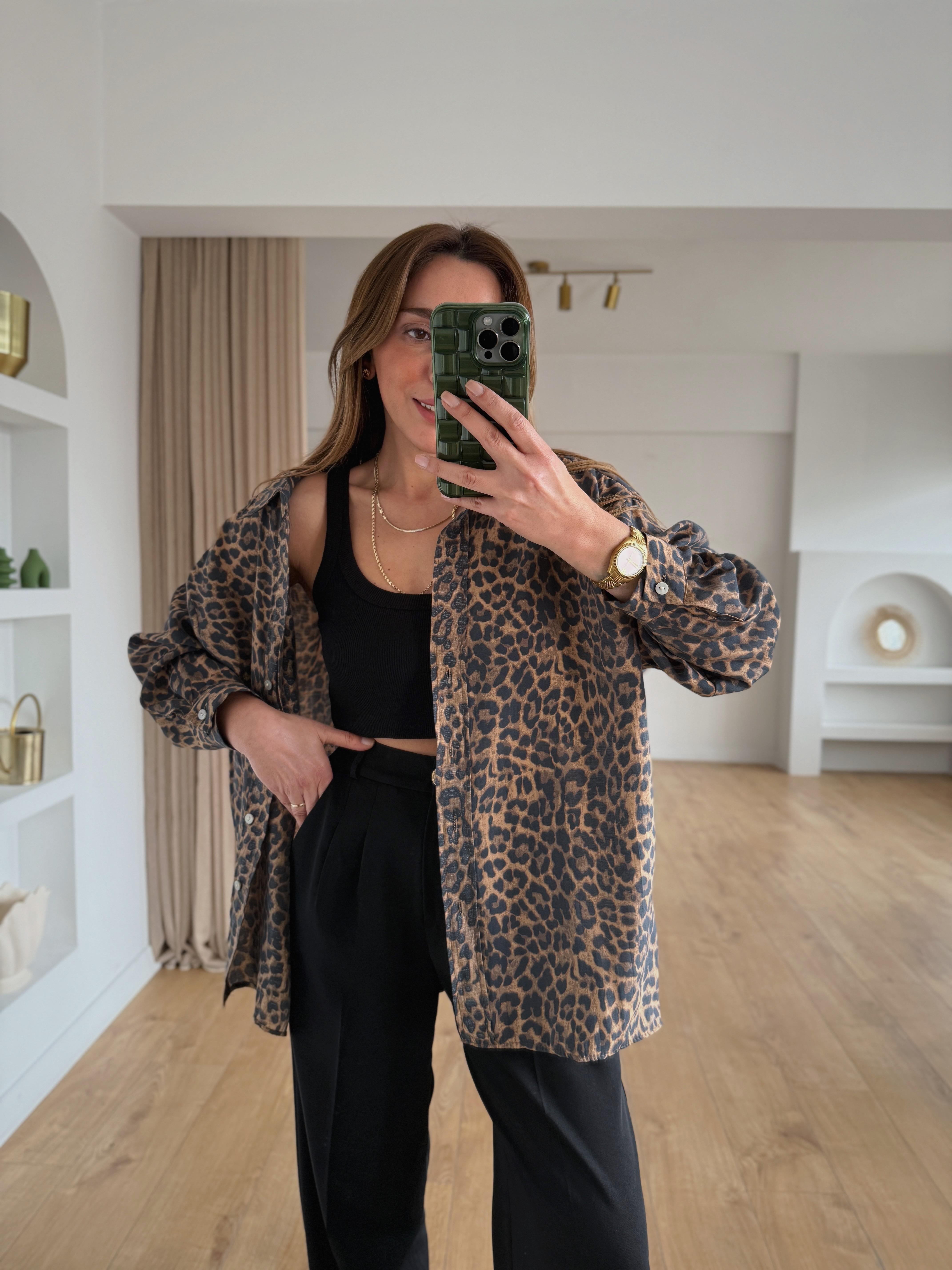 4954 Oversize Leopar Desen Kahve Gömlek