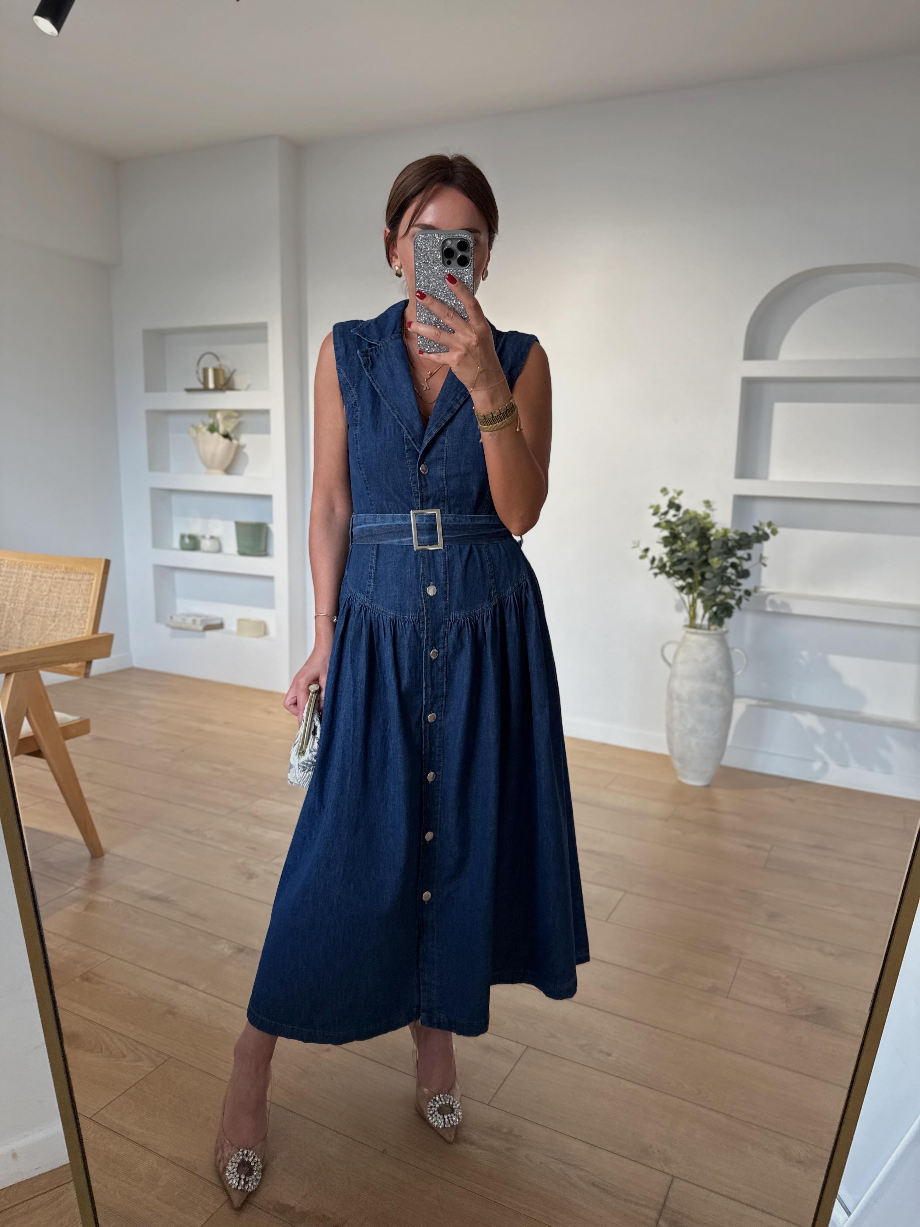 926 Sıfır Kol Kemerli Denim Elbise