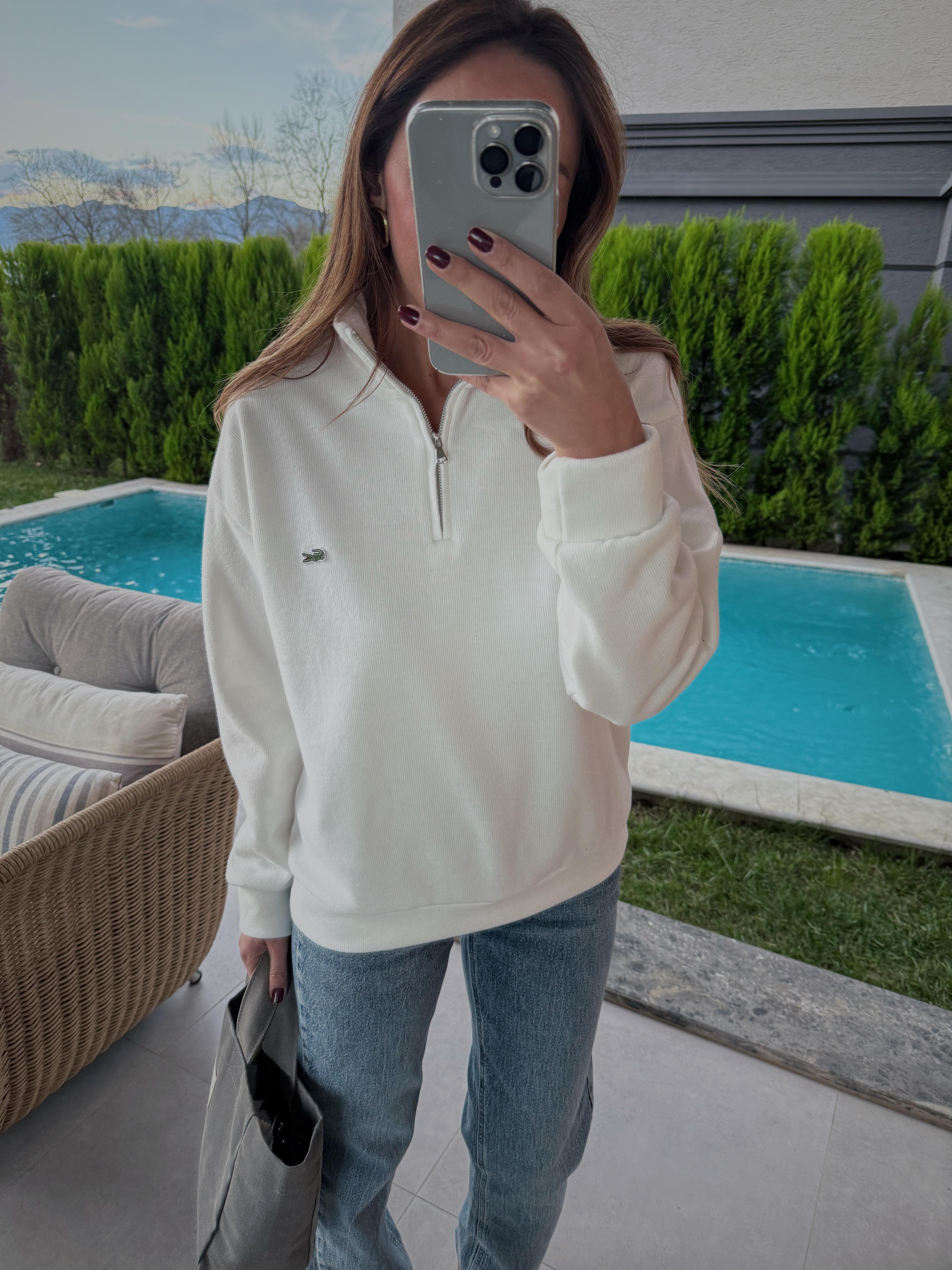 Anna Lcst Muadil Beyaz Dik Yaka Fermuarlı Sweatshirt