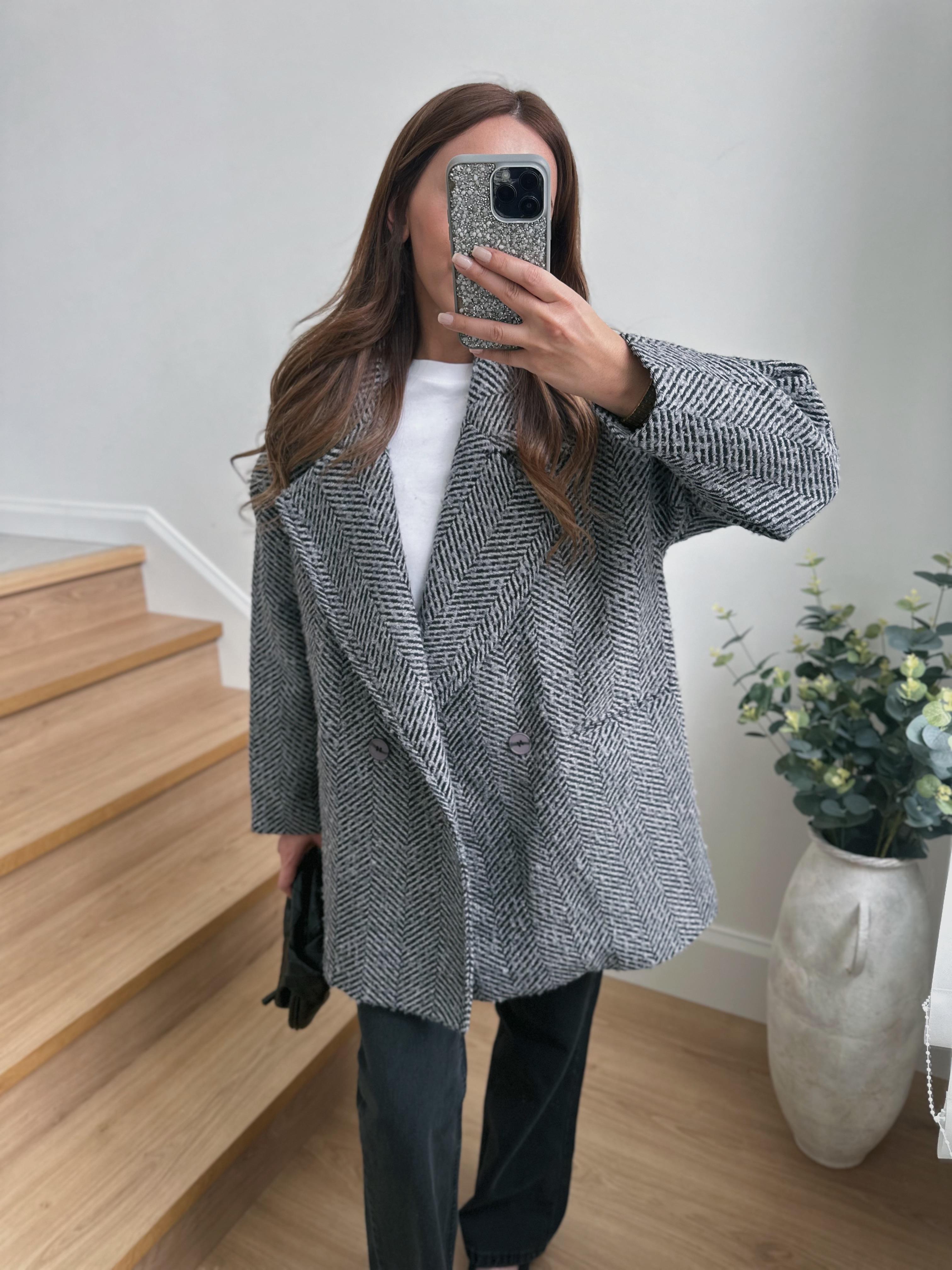 Balıksırtı Gri Oversize Kaban