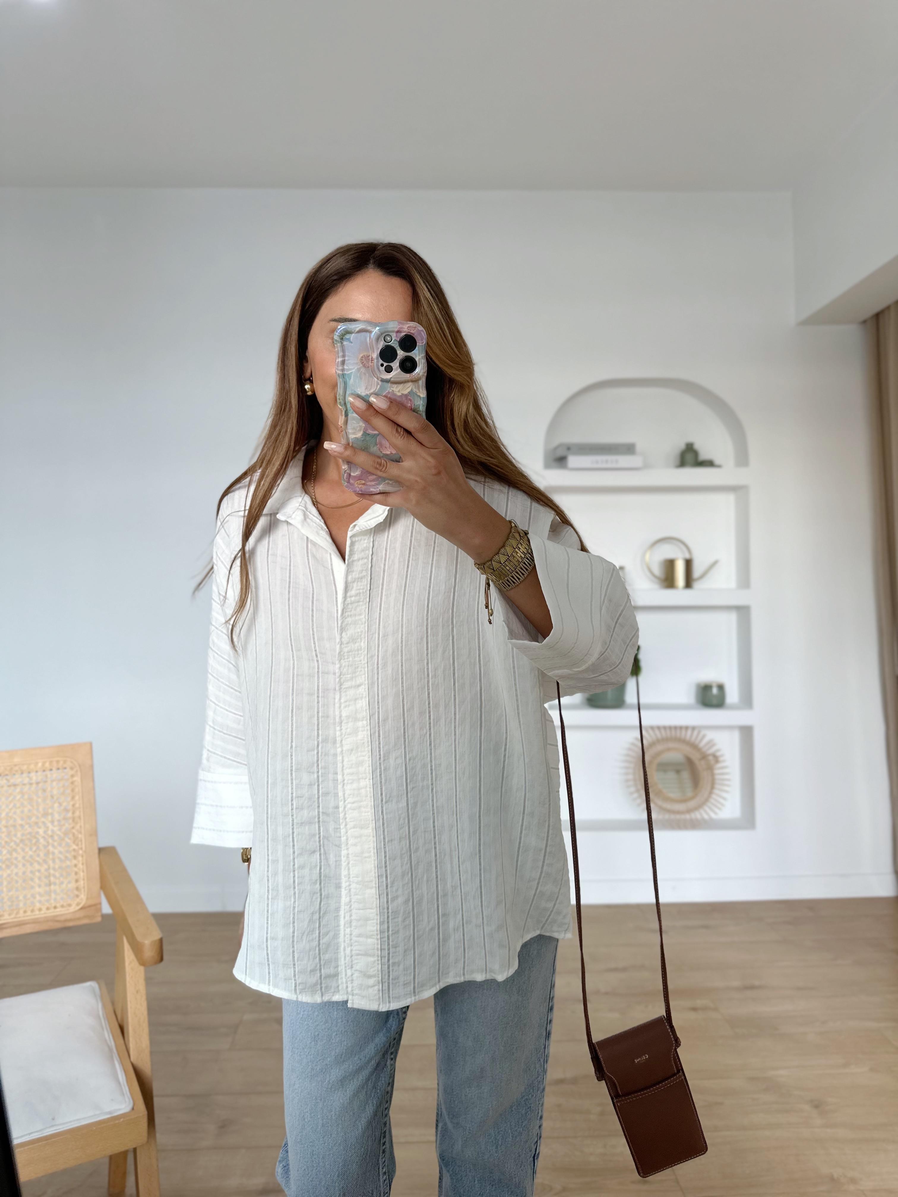 Beyaz Kendinden Çizgili Yarasa Kol Tensel Oversize Gömlek