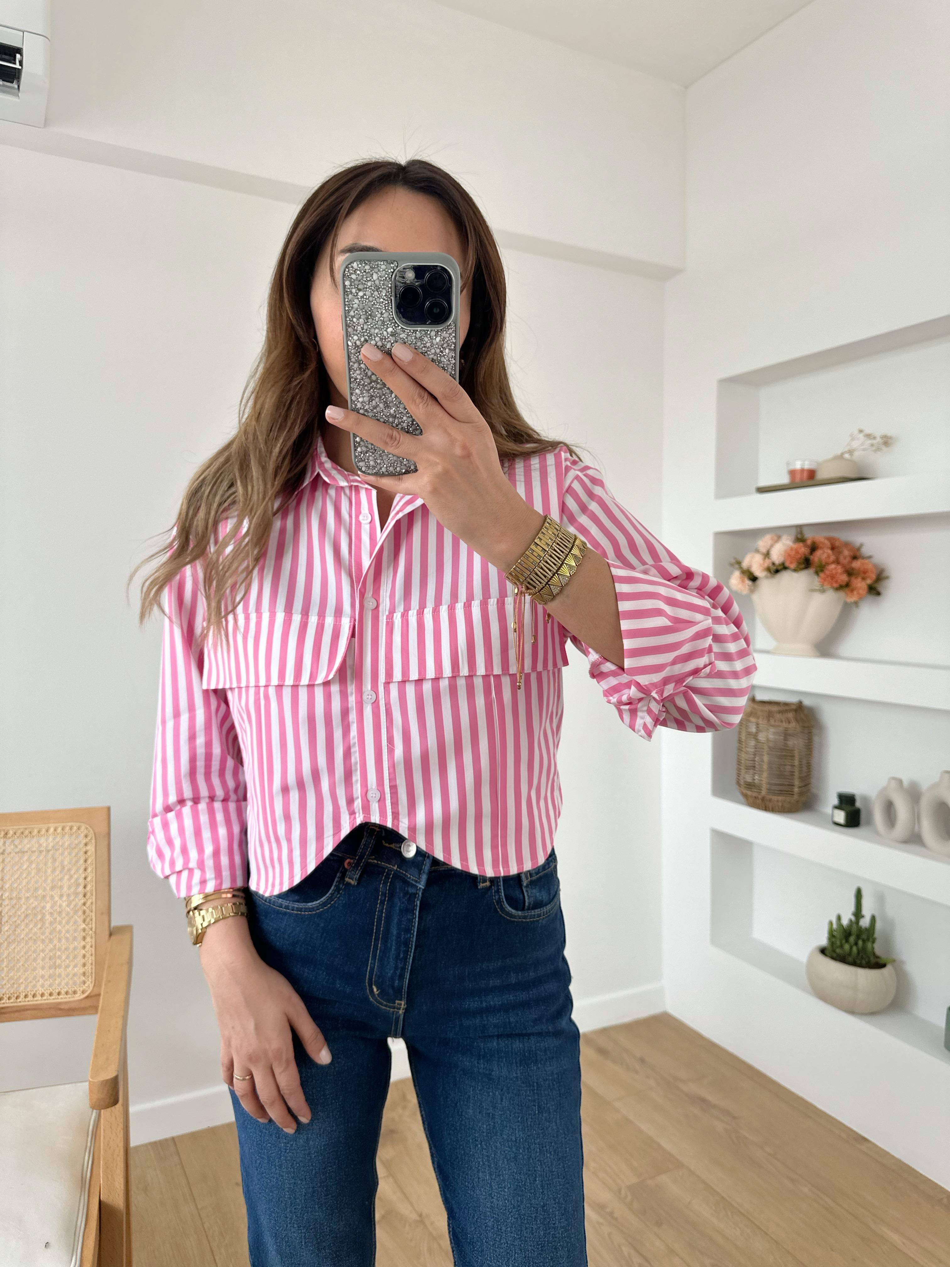 DAVIN %100 PAMUK PEMBE ÇİZGİLİ KISA GÖMLEK