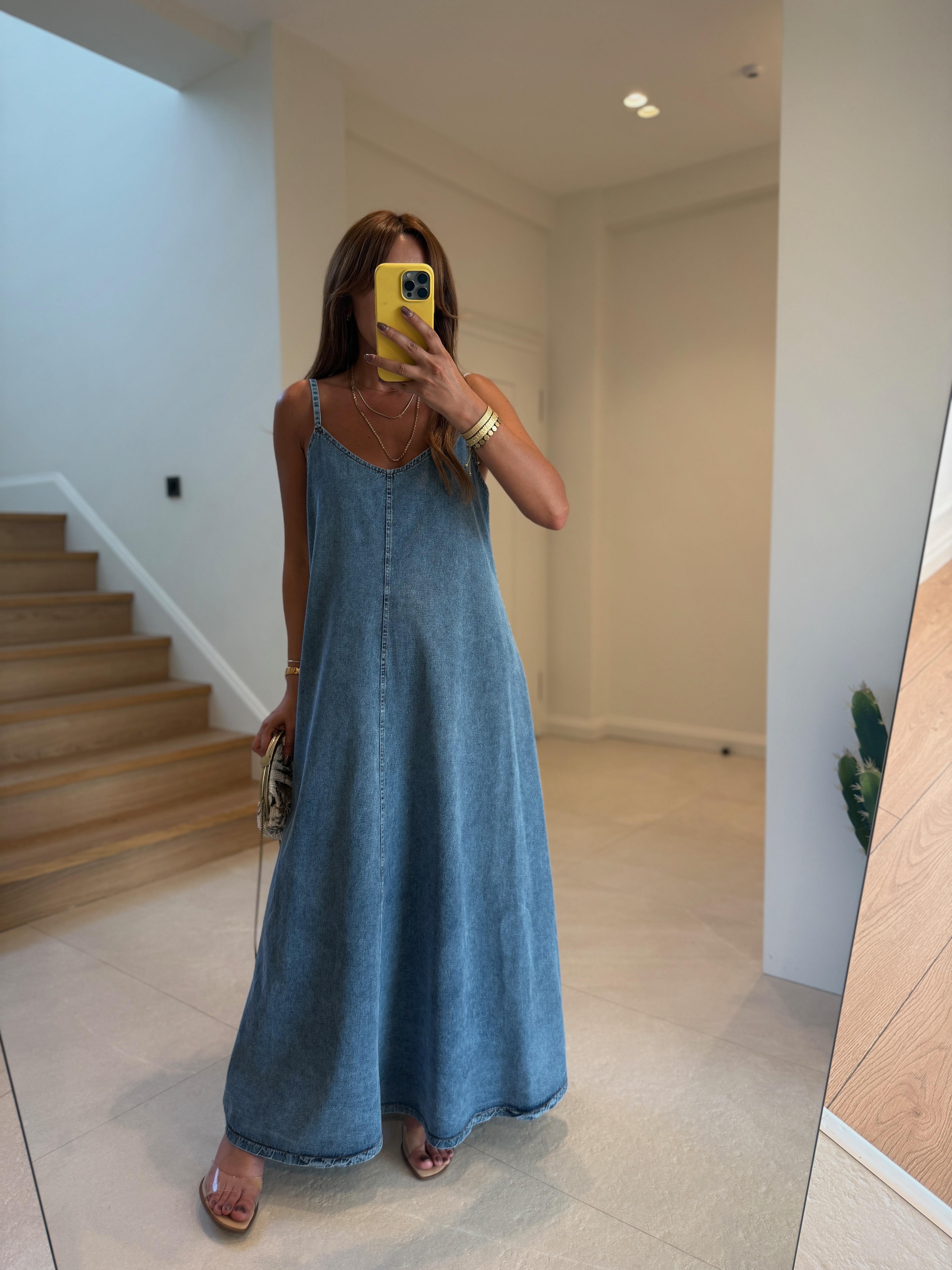 Denim Kar Yıkama Askılı Uzun Elbise