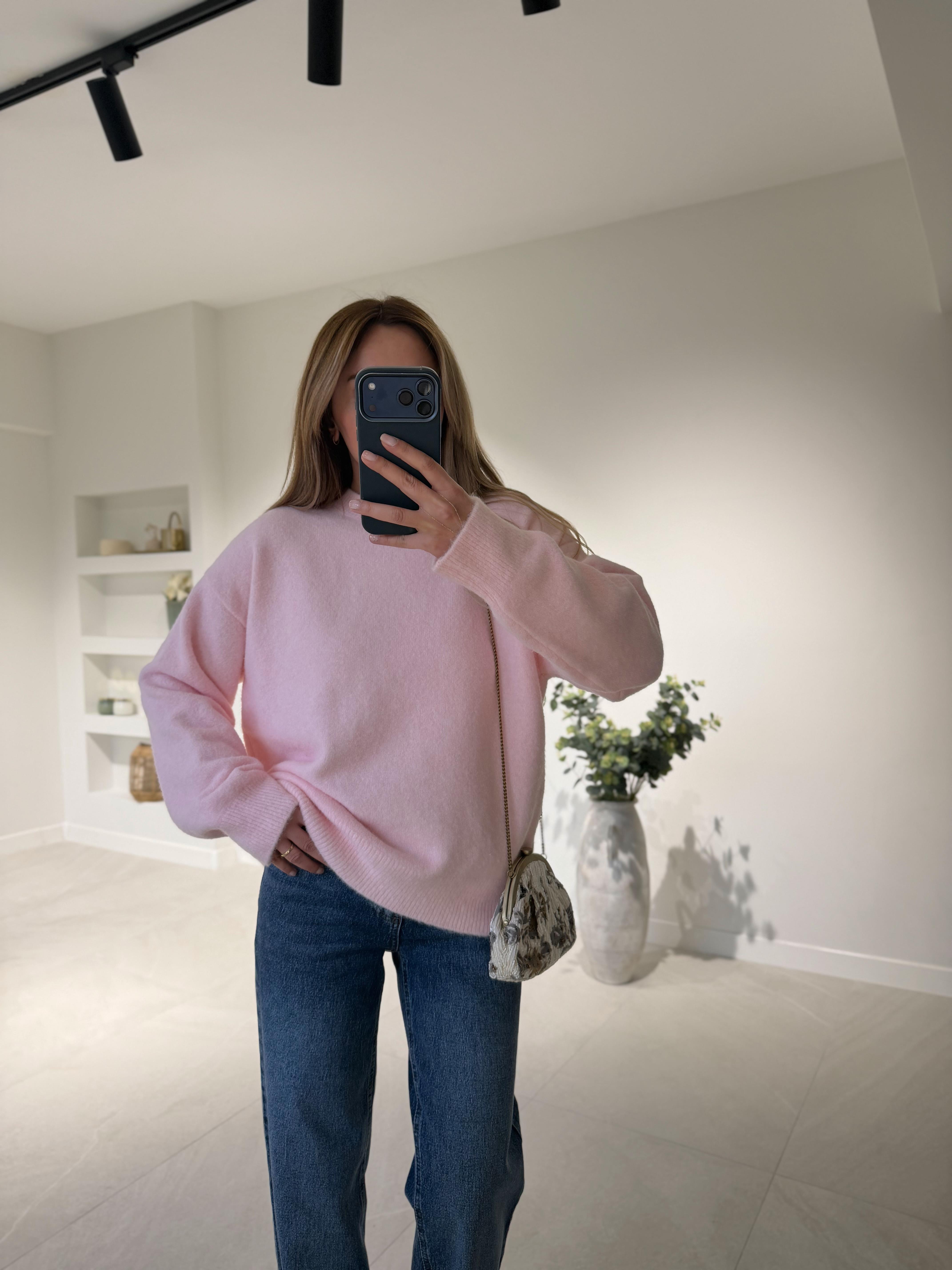 Dilvin 10640 Şeker Pembe Bisiklet Yaka Yumuşak Dokulu Triko Kazak
