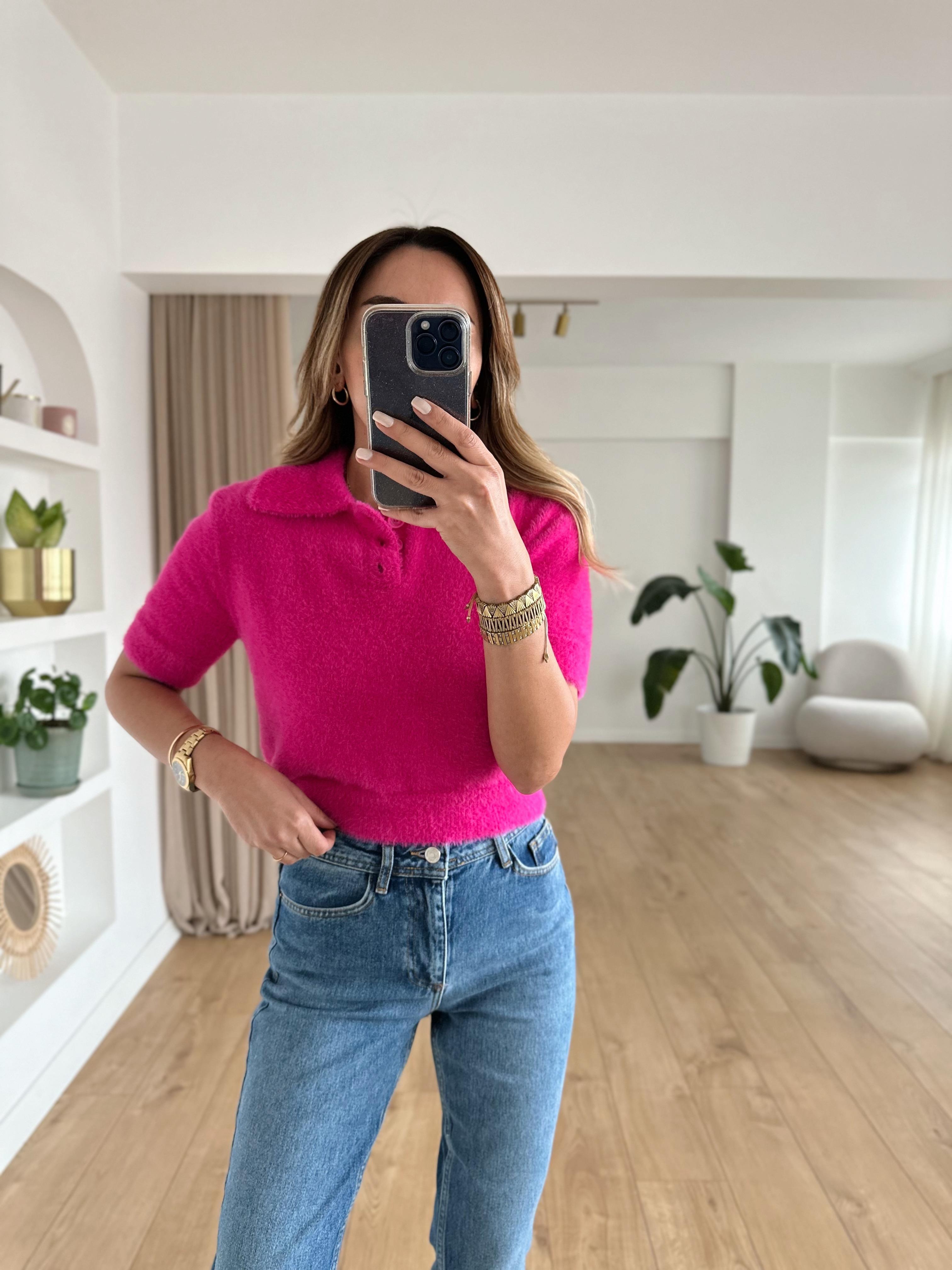 DİLVİN FUŞYA POLO YAKA YUMUŞAK DOKULU CROP KAZAK 