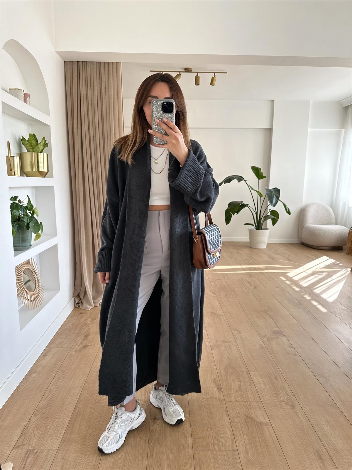 FÜME ŞAL YAKA OVERSIZE UZUN HIRKA