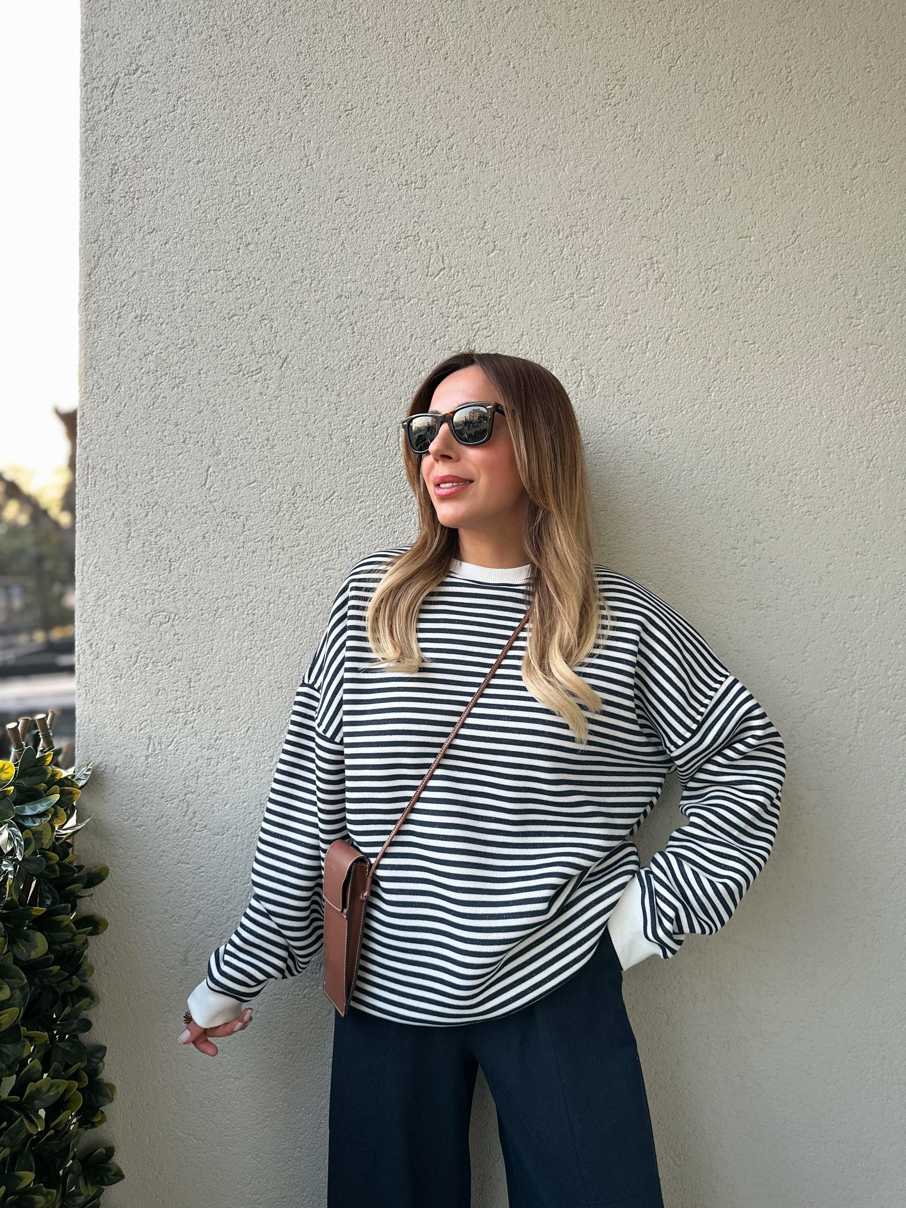 KOYU LACİVERT ÇİZGİLİ OVERSIZE PAMUKLU SWEAT