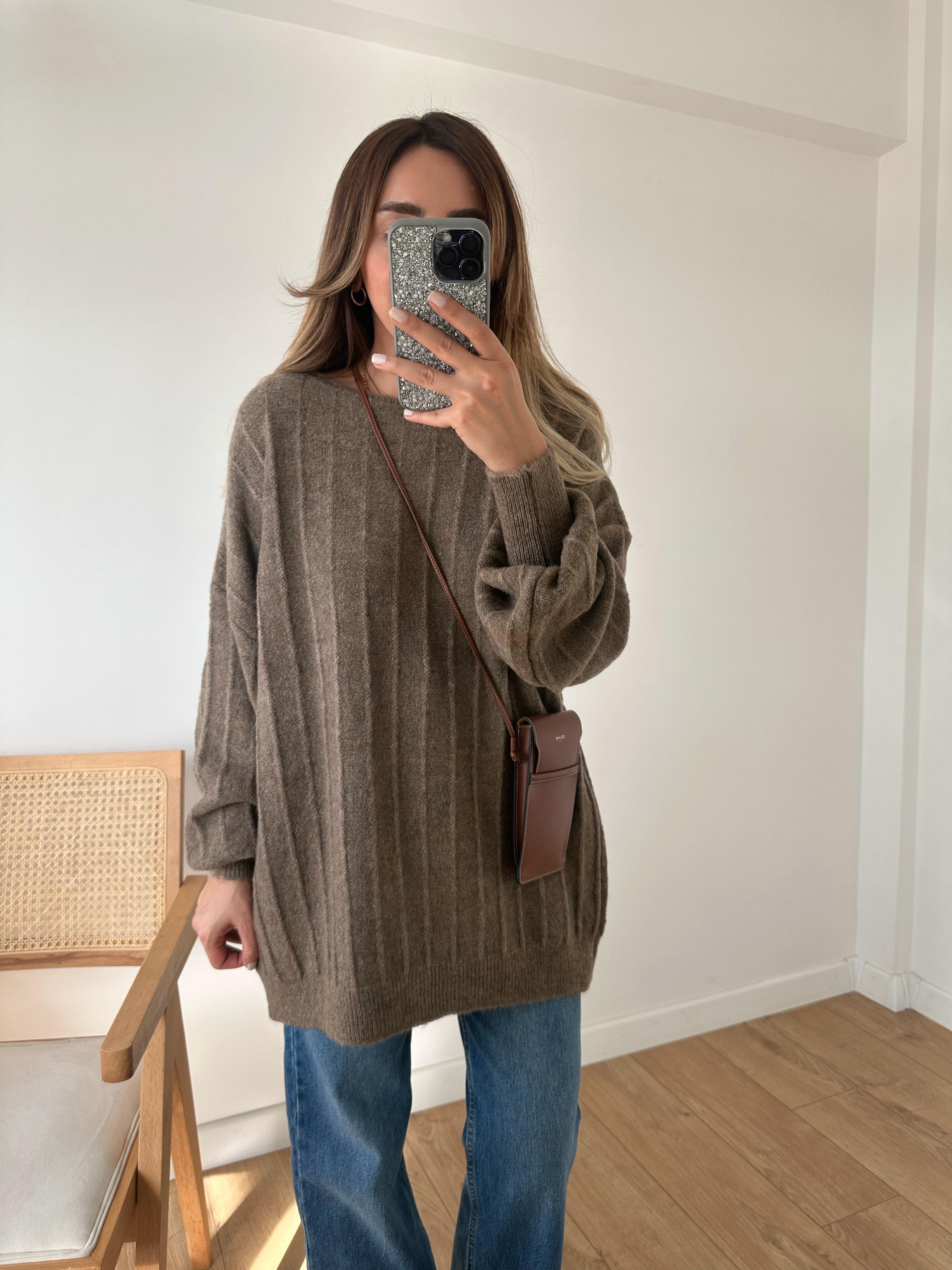 KOYU VİZON KAYIK YAKA FİTİLLİ OVERSIZE KAZAK