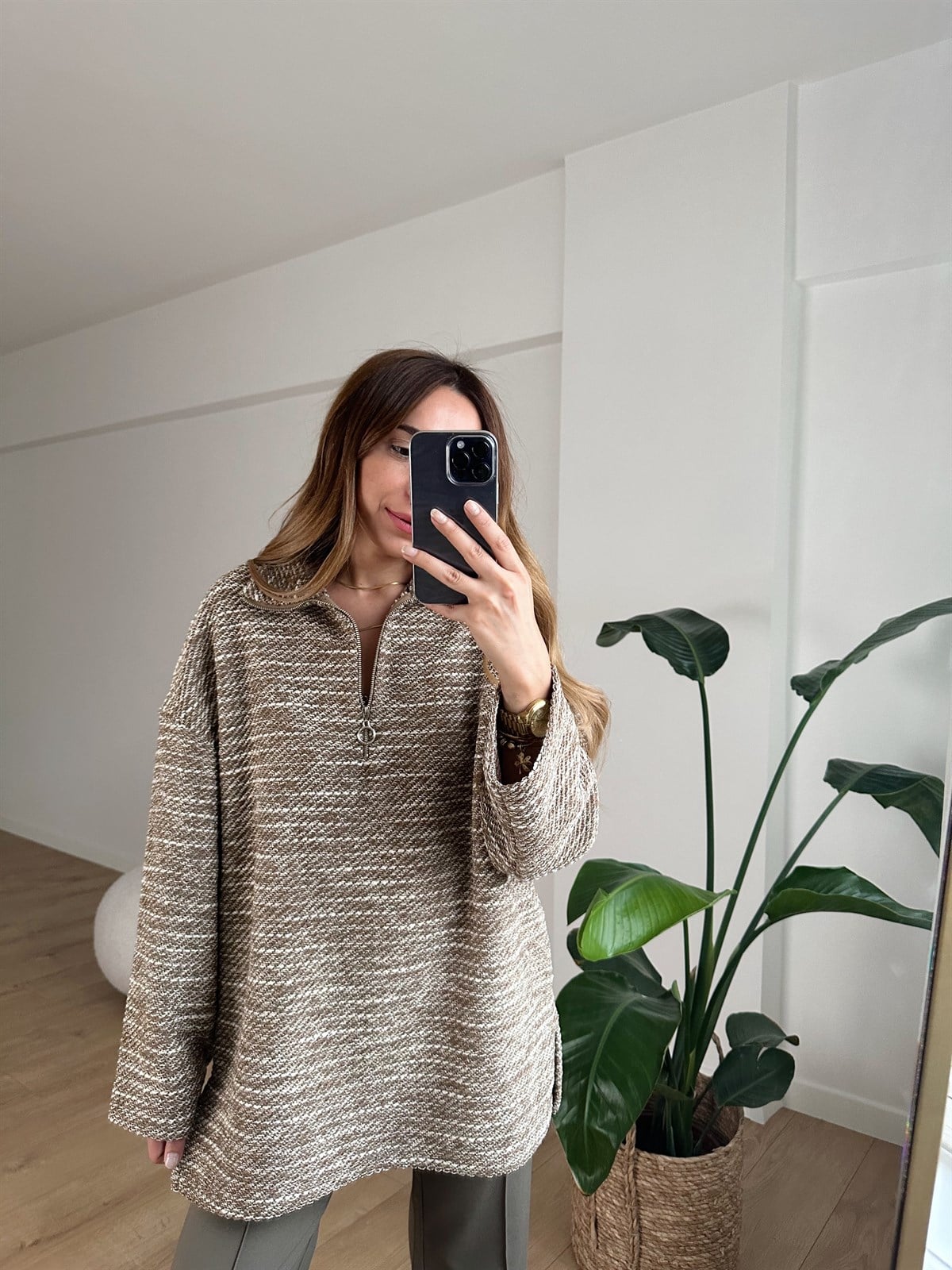 KREM FERMUARLI ÖRME SWEAT 