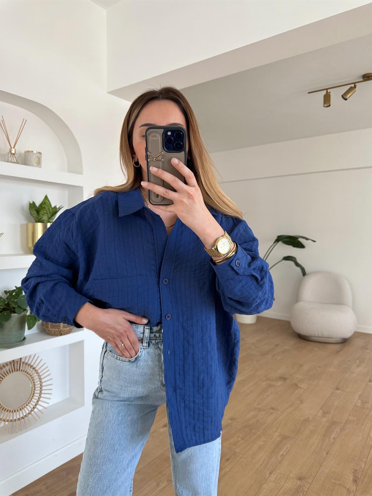LACİVERT ÇİZGİLİ TENSEL OVERSIZE GÖMLEK
