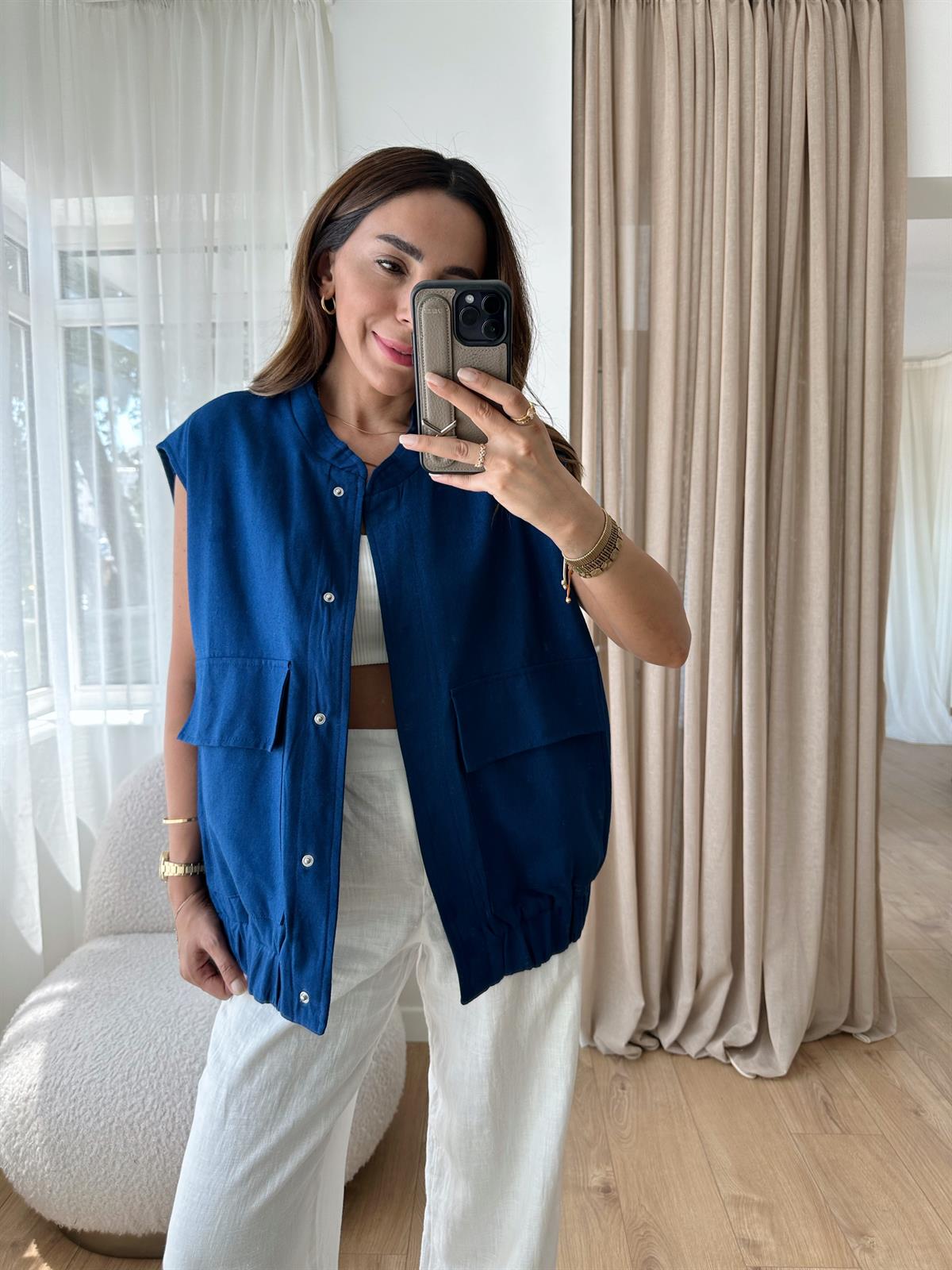 LACİVERT KETEN KARIŞIMLI YELEK